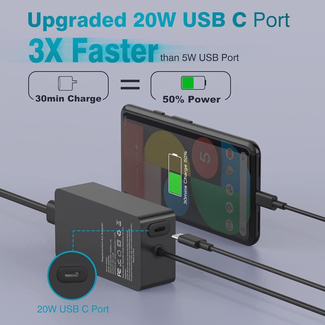 Alt view image 3 of 7 - Surface Pro Charger for Microsoft Surface Pro 10, 9, 8, 7+, 7, 6, 5, 4, X, Windows Surface Laptop 6, 5, 4, 3, Surface Go, Surface Book 3, 2, 1, 65W Surface Laptop Charger + 20W USB C, LED, 10FT