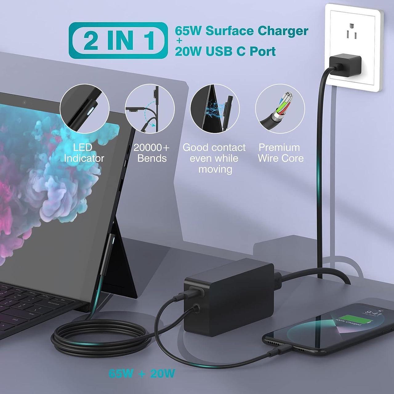 Alt view image 2 of 7 - Surface Pro Charger for Microsoft Surface Pro 10, 9, 8, 7+, 7, 6, 5, 4, X, Windows Surface Laptop 6, 5, 4, 3, Surface Go, Surface Book 3, 2, 1, 65W Surface Laptop Charger + 20W USB C, LED, 10FT