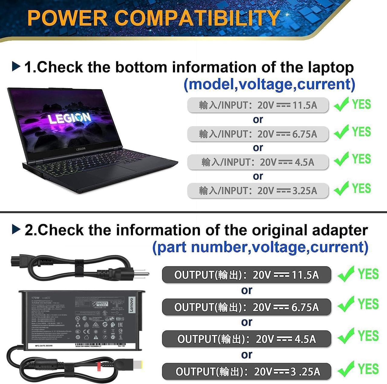 Alt view image 3 of 5 - New 20V 8.5A 170W SlimC Adapter for Lenovo ThinkPad P73 P53 P70 P71 R7000 G5000 W540 Legion Y7000 Y7000P Y9000K Y520-15 R720 Y520 SA10R16886 02DL140 ADL170SCC3A 4X20S56697- Laptop Power Supply
