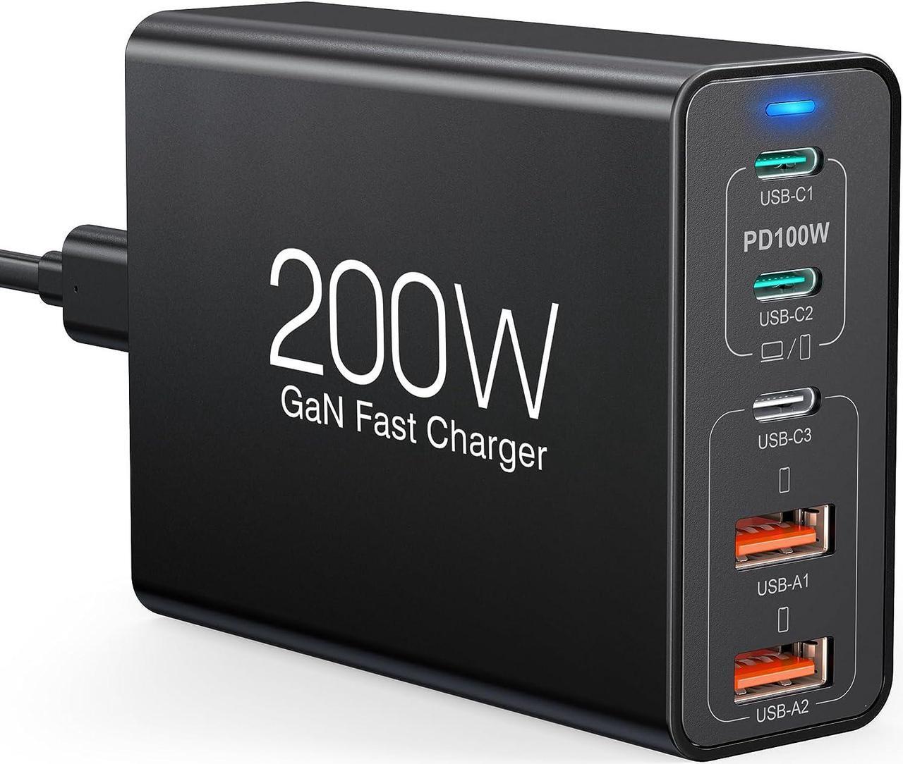 Main image of USB C Fast Charger 200W 5-Port Charging Station Block 100W 65W Laptop GaN Charger Power Adapter for MacBook Pro/Air Google Pixelbook ThinkPad Dell XPS iPad Pro iPhone 14 Galaxy S23 Steam Deck