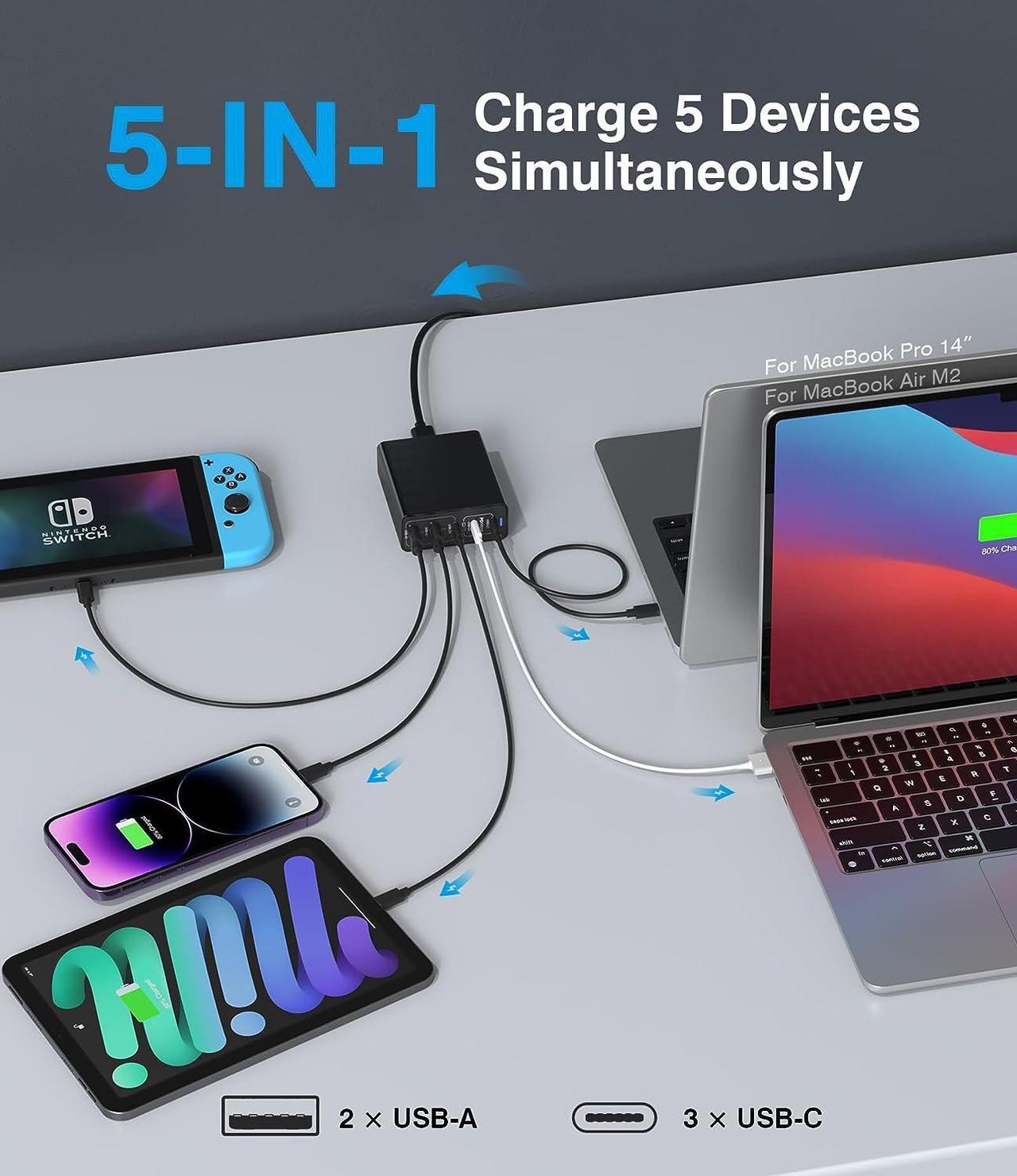 Alt view image 5 of 7 - USB C Fast Charger 200W 5-Port Charging Station Block 100W 65W Laptop GaN Charger Power Adapter for MacBook Pro/Air Google Pixelbook ThinkPad Dell XPS iPad Pro iPhone 14 Galaxy S23 Steam Deck