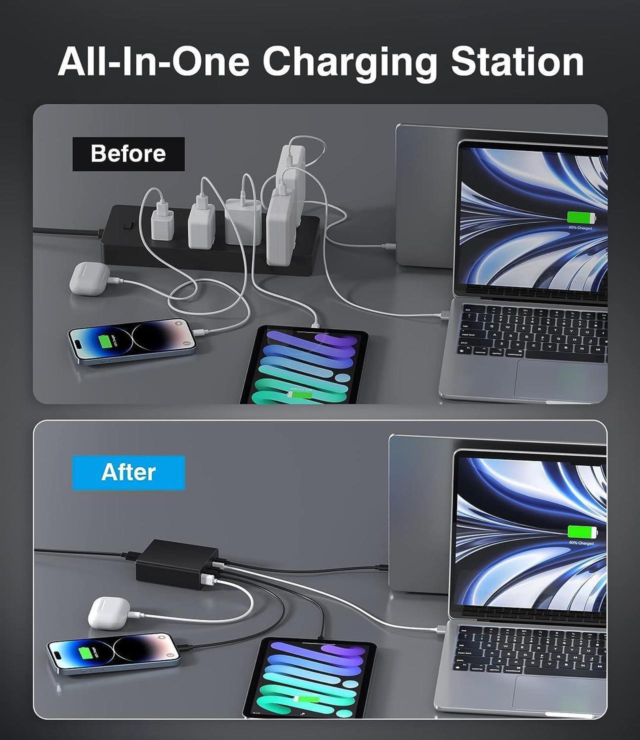 Alt view image 7 of 7 - USB C Fast Charger 200W 5-Port Charging Station Block 100W 65W Laptop GaN Charger Power Adapter for MacBook Pro/Air Google Pixelbook ThinkPad Dell XPS iPad Pro iPhone 14 Galaxy S23 Steam Deck