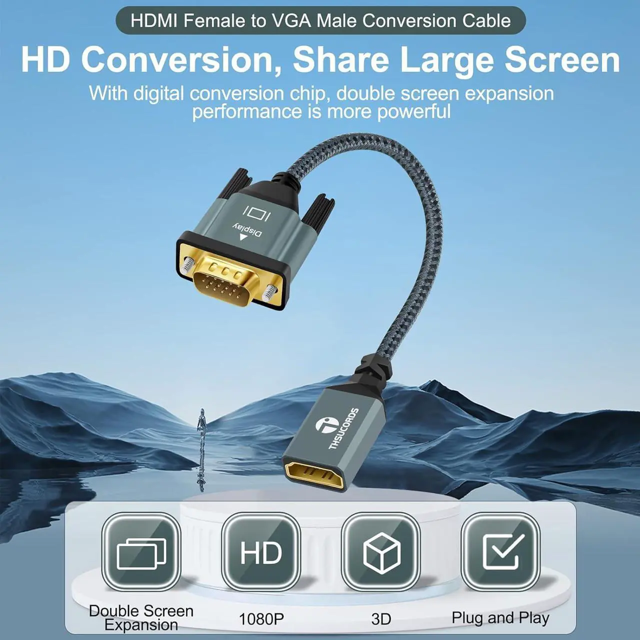 Alt view image 3 of 6 - VGA to HDMI Adapter Cable 1FT Nylon Braided HDMI Female to VGA Male Extension Extender Support 720P/1080P PC Computer Desktop Laptop Monitor HDTV Projector