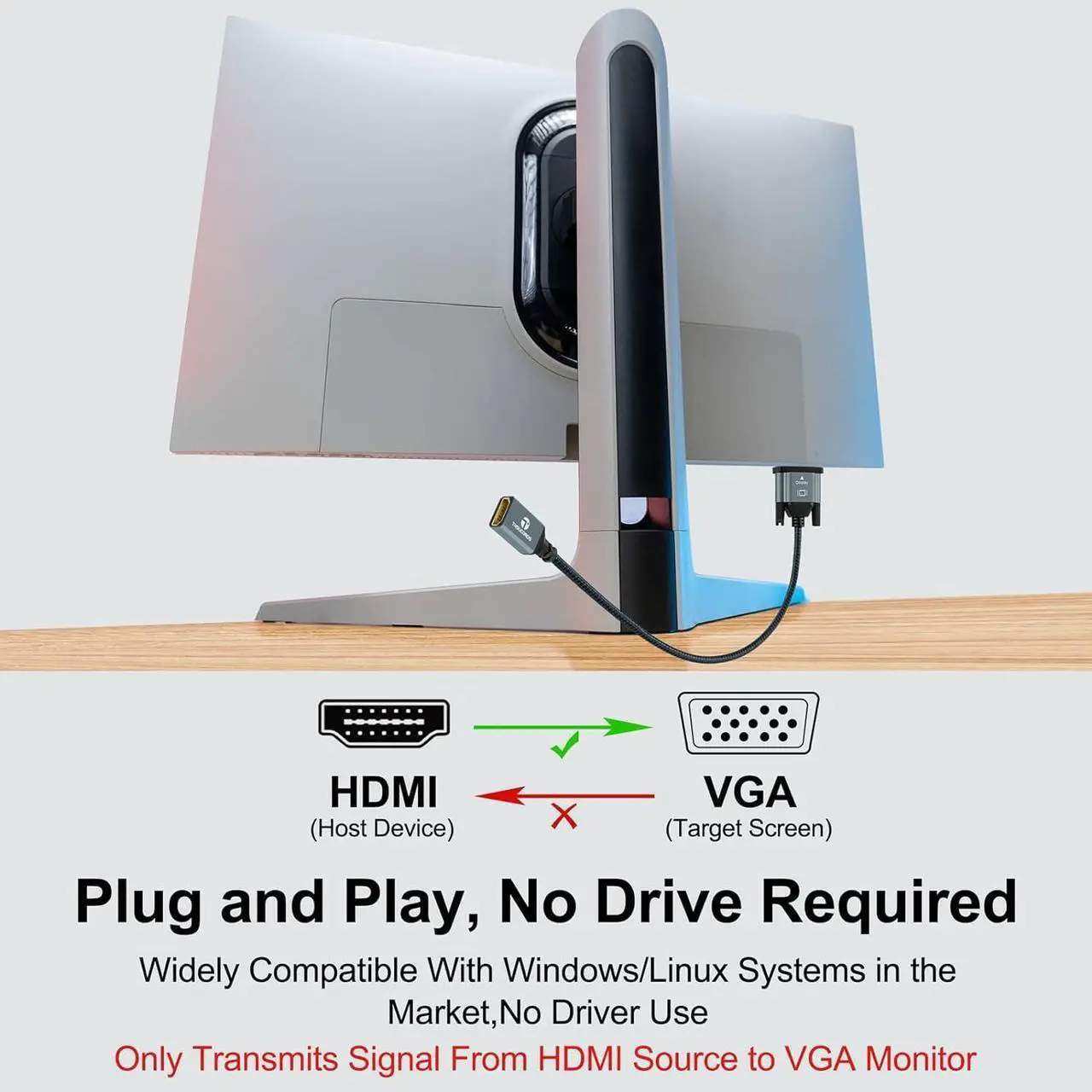 Alt view image 4 of 6 - VGA to HDMI Adapter Cable 1FT Nylon Braided HDMI Female to VGA Male Extension Extender Support 720P/1080P PC Computer Desktop Laptop Monitor HDTV Projector