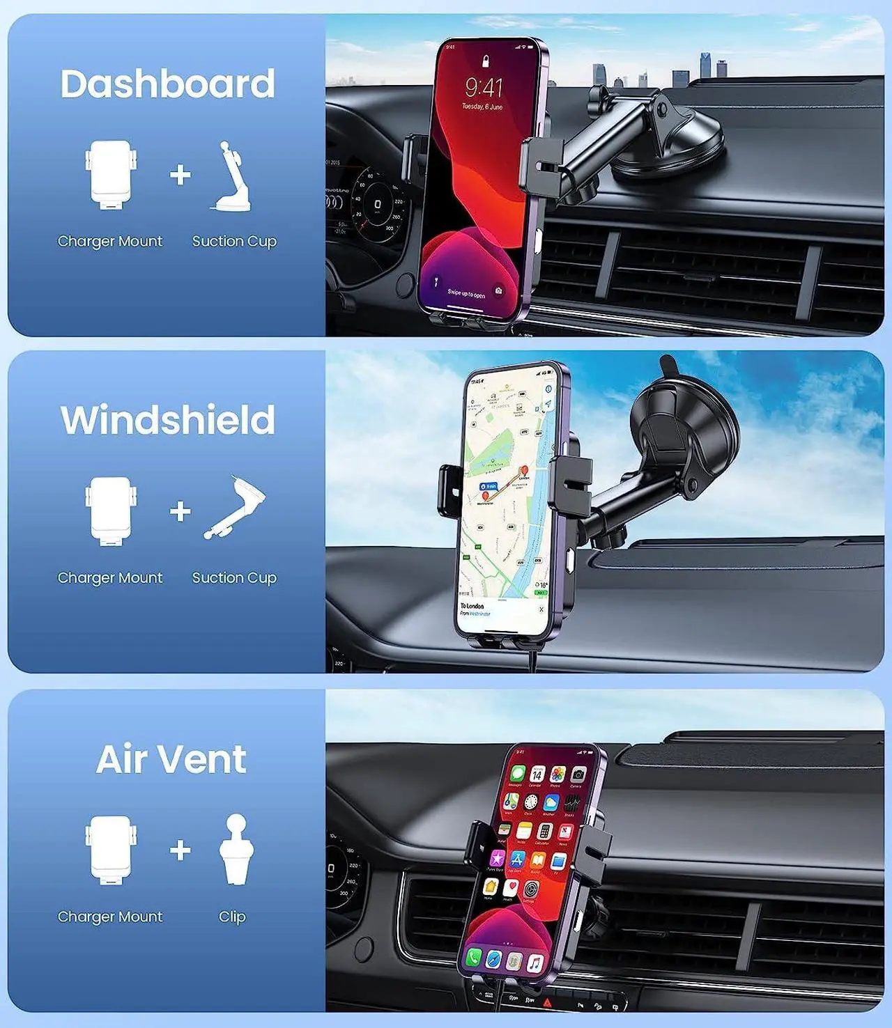 Alt view image 2 of 7 - Wireless Car Charger, MOKPR 15W Fast Charging Auto-Clamping Car Mount Universal Hands-Free Car Charger Mount for Dash Windshield Air Vent Compatible with iPhone 16 15/14/13/12, Samsung S23/S22/S21,etc