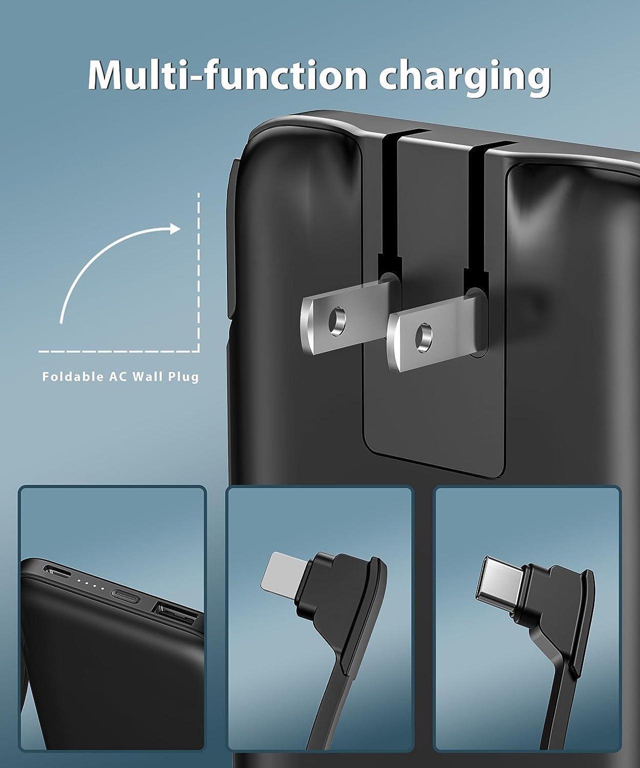Alt view image 3 of 6 - TG90° 10000mah Portable Charger with Built in Cables and AC Wall Plug, All in One Portable Phone Charger External Battery Packs Compatible with iPhone and Android Phones
