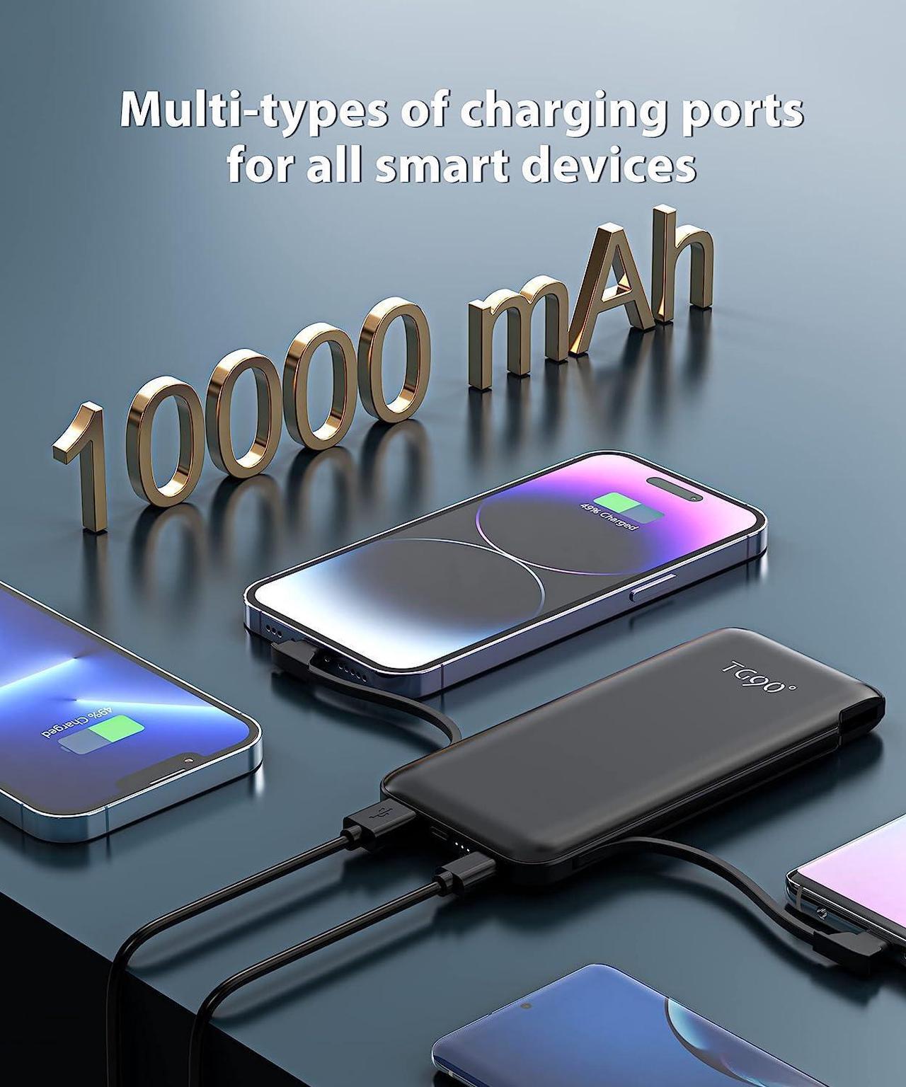 Alt view image 2 of 6 - TG90° 10000mah Portable Charger with Built in Cables and AC Wall Plug, All in One Portable Phone Charger External Battery Packs Compatible with iPhone and Android Phones