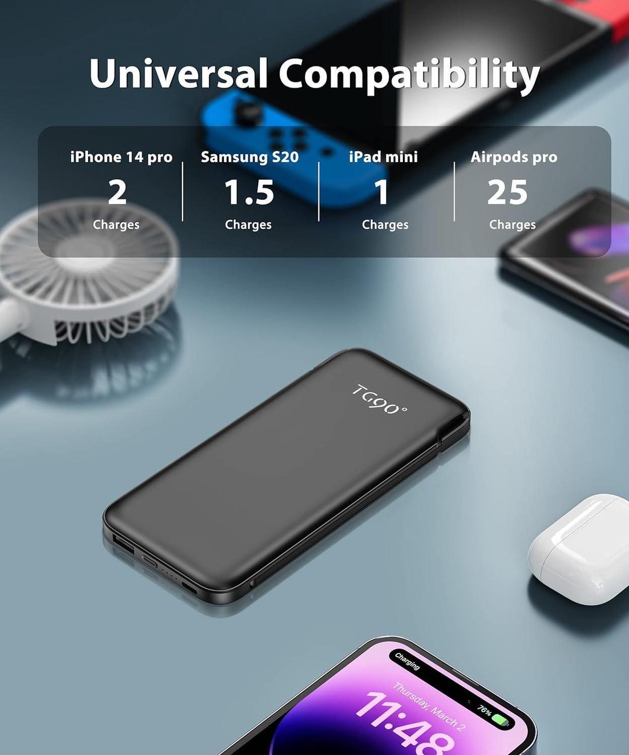 Alt view image 4 of 6 - TG90° 10000mah Portable Charger with Built in Cables and AC Wall Plug, All in One Portable Phone Charger External Battery Packs Compatible with iPhone and Android Phones