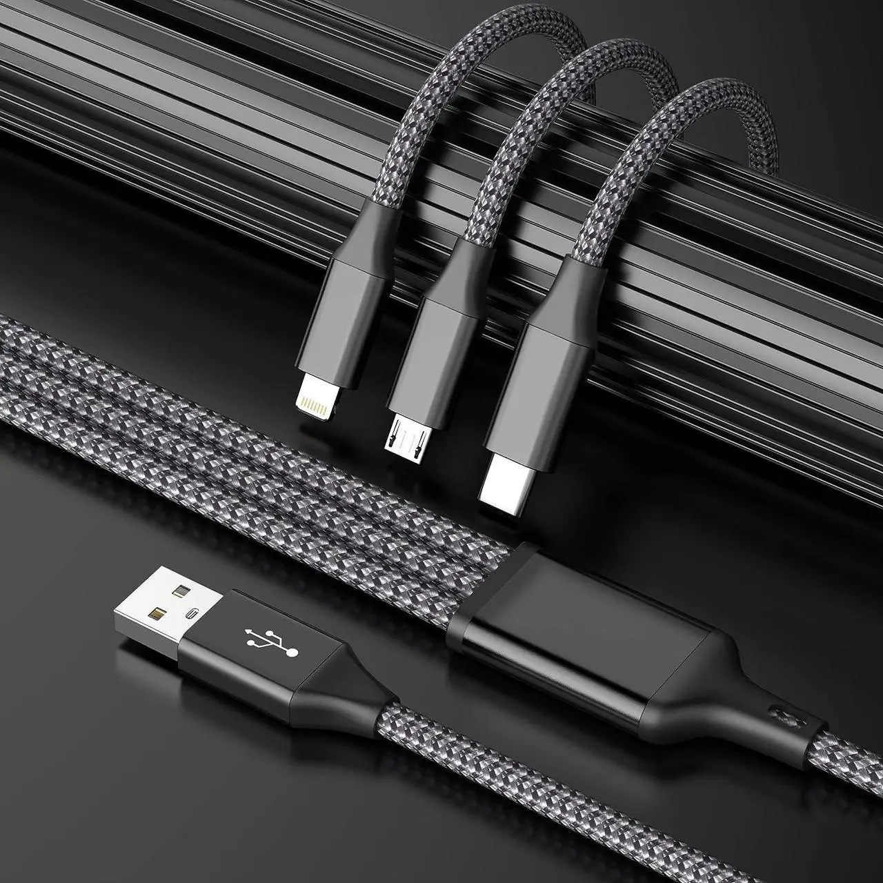 Alt view image 2 of 7 - Multi Charging Cable(2Pack 4FT) 3 in 1 Charger Cable Nylon Braided Multiple USB Cable Universal Charging Cord with Type-C Micro USB and IP Port for Cell Phones and More