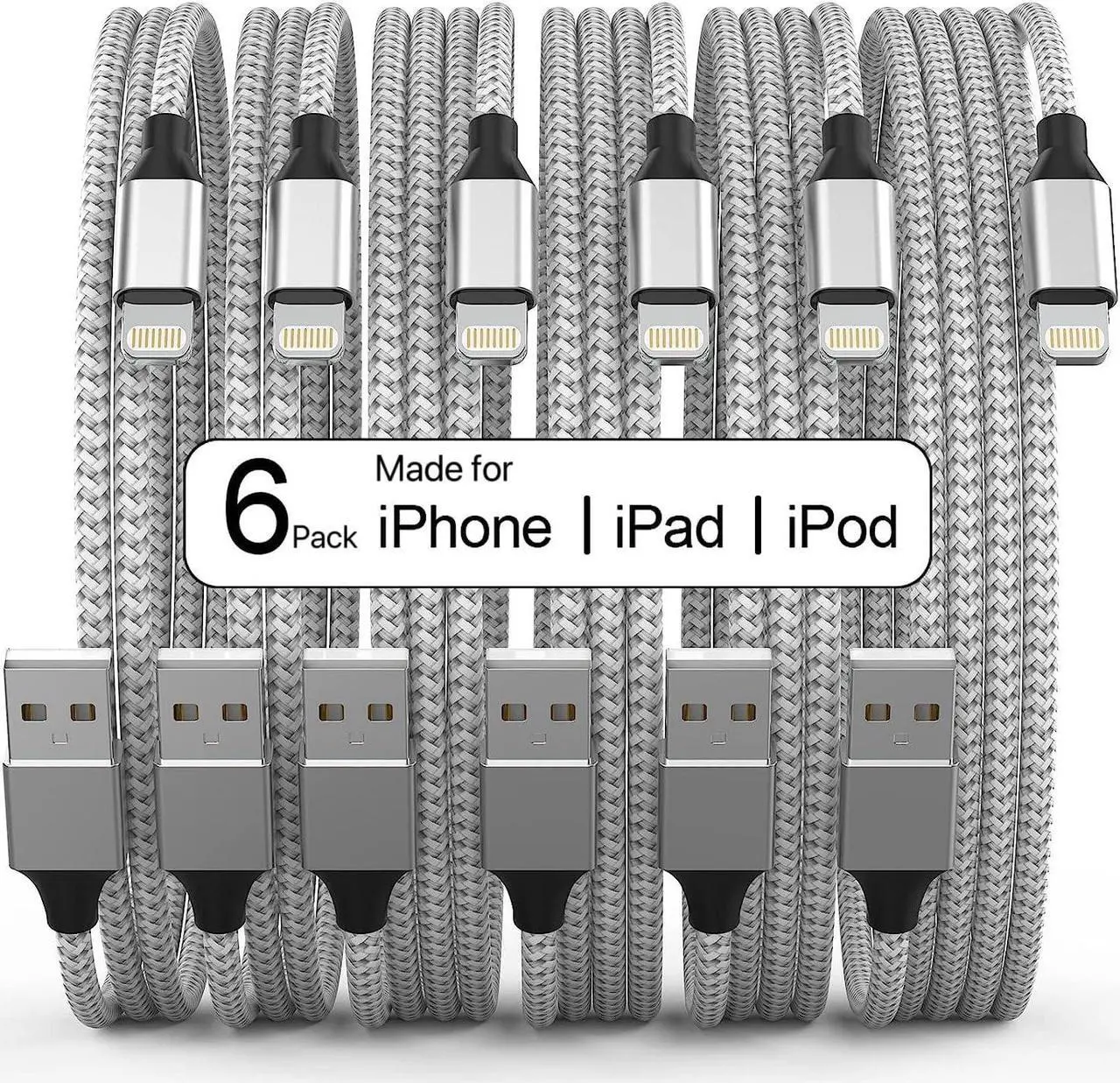 Main image of Lightning Cable [Apple MFi Certified] iPhone Charger 6Pack [3/3/6/6/6/10 Ft] Apple Charging Cable Fast Charging High Speed USB Cable Compatible iPhone 14/13/12/11 Pro Max/XS MAX/XR/XS/8-Silver&Grey