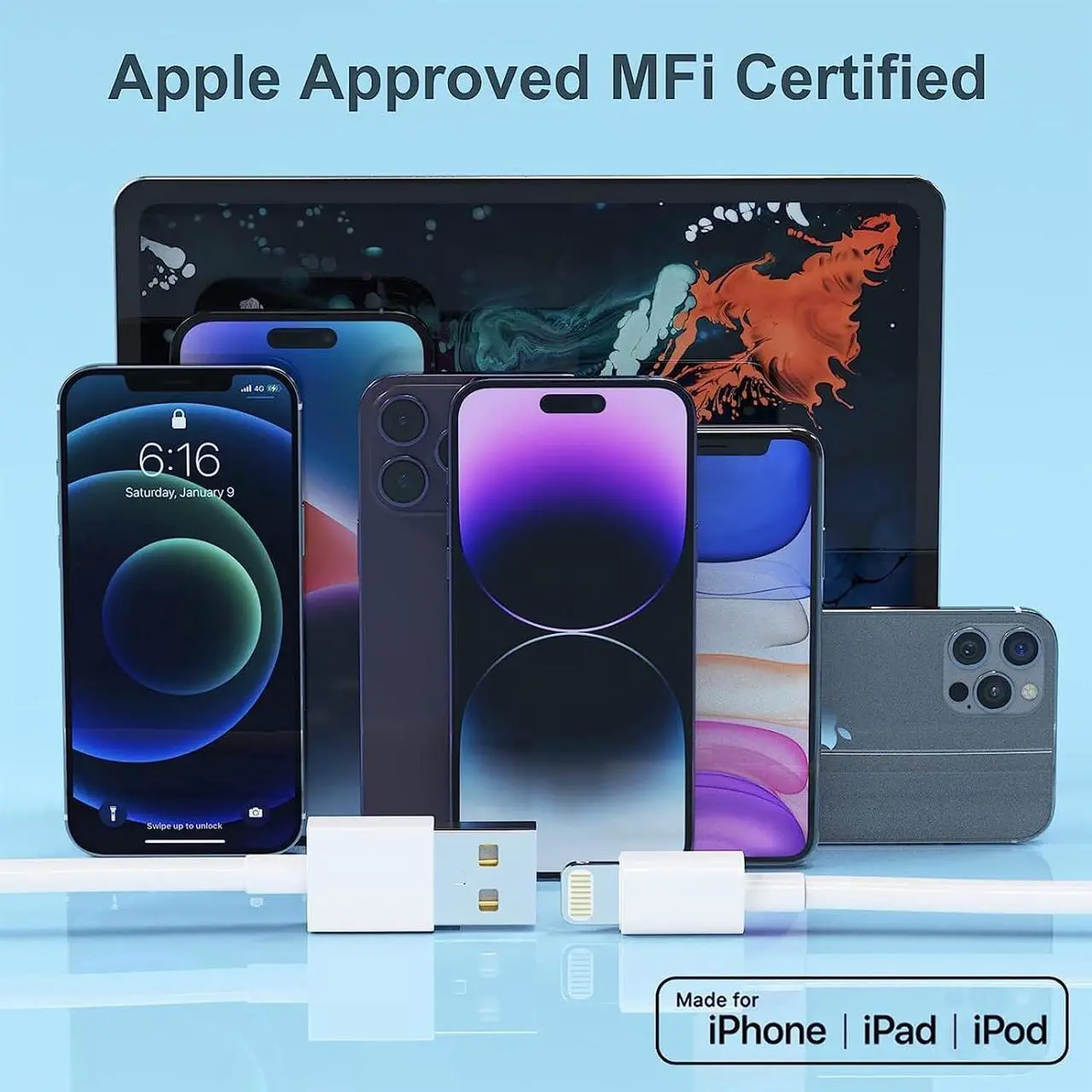 Alt view image 7 of 7 - 6Pack(3/3/6/6/6/10 FT)[ MFi Certified] iPhone Charger Long Lightning Cable Fast Charging High Speed Data Sync USB Cable Compatible iPhone 14/13/12/11 Pro Max/XS MAX/XR/XS/X/8/7/Plus iPad AirPods