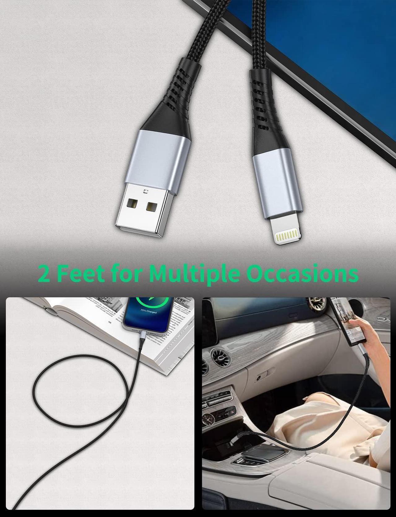 Alt view image 7 of 7 - Lightning Cable 2FT iPhone Charger Cable [3Pack] 2 Foot iPhone Charging Cord Fast Charging Braided USB to Lightning Cable for Apple iPhone 14 13 12 11 Pro Max Mini 10 8 7 Plus XR XS SE iPad Air Mini