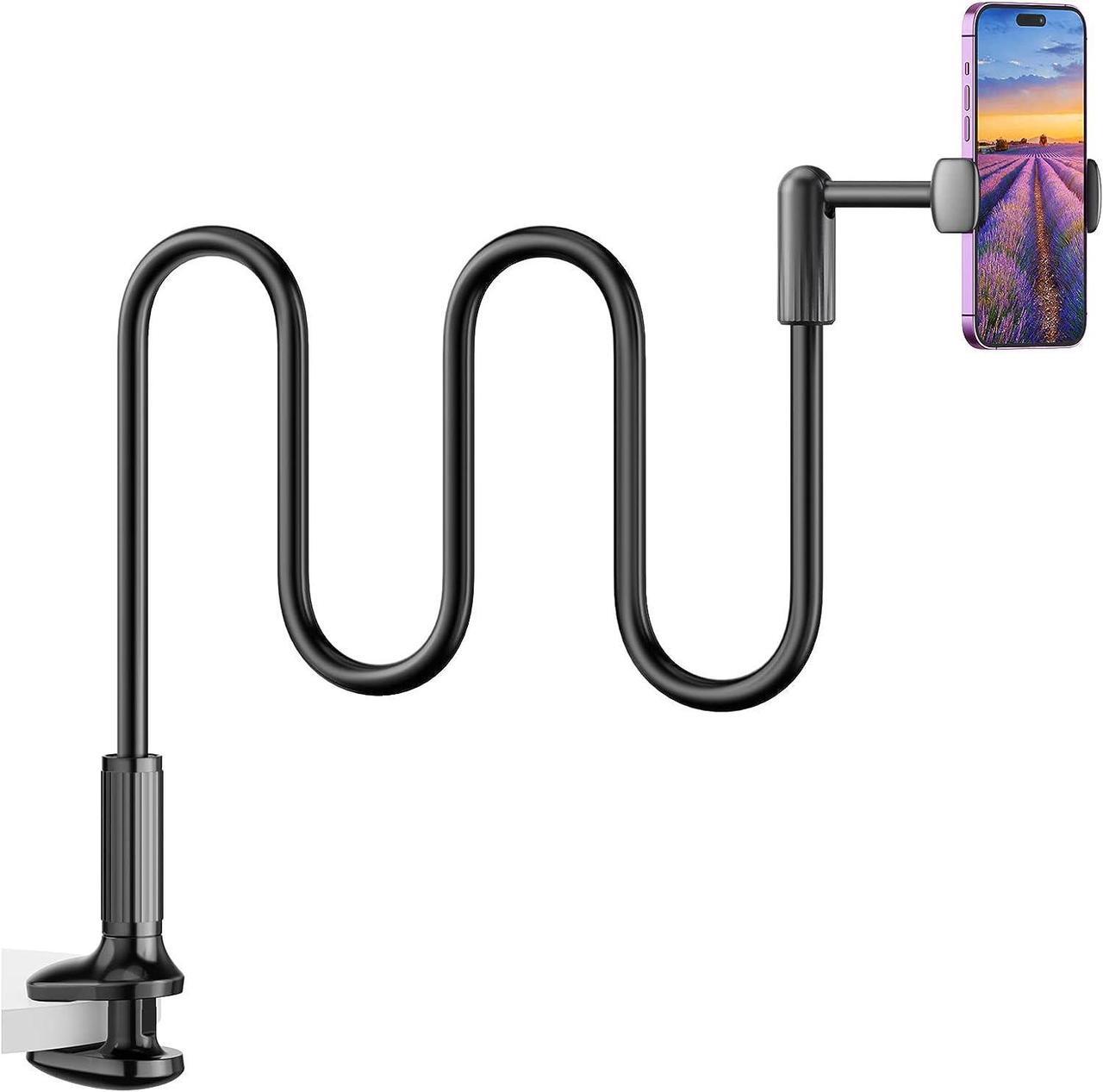 Main image of Gooseneck Phone Holder for Bed 360° Rotate Support Rod One-Hand Adjustable Cell Phone Holder Flexible Long Arm Headboard Clip Clamp Cell Phone Stand Compatible with All 4.7-7 Devices(Black)