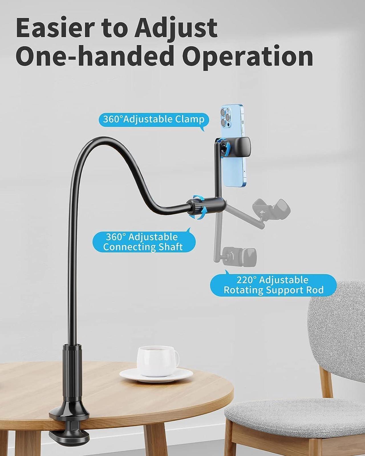 Alt view image 4 of 7 - Gooseneck Phone Holder for Bed 360° Rotate Support Rod One-Hand Adjustable Cell Phone Holder Flexible Long Arm Headboard Clip Clamp Cell Phone Stand Compatible with All 4.7-7 Devices(Black)
