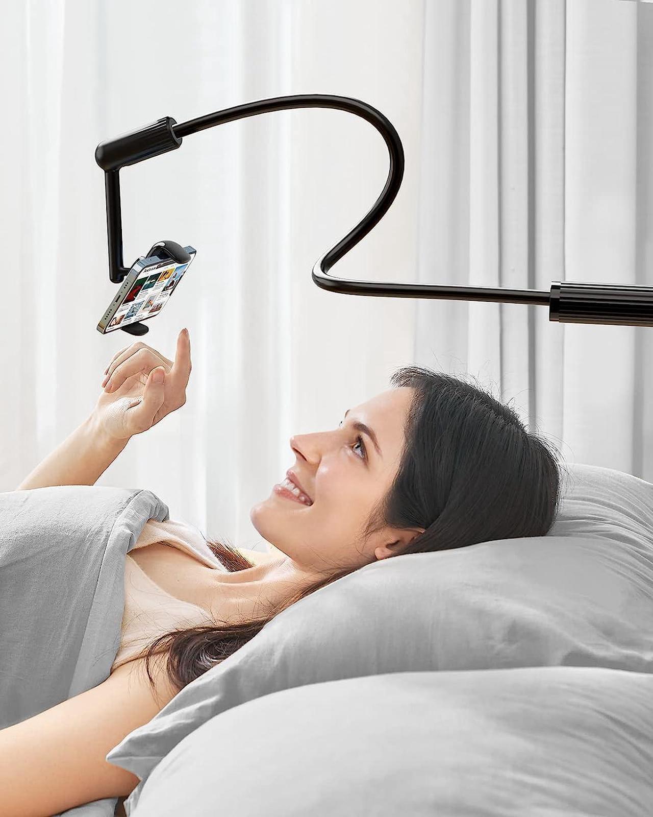 Alt view image 6 of 7 - Gooseneck Phone Holder for Bed 360° Rotate Support Rod One-Hand Adjustable Cell Phone Holder Flexible Long Arm Headboard Clip Clamp Cell Phone Stand Compatible with All 4.7-7 Devices(Black)