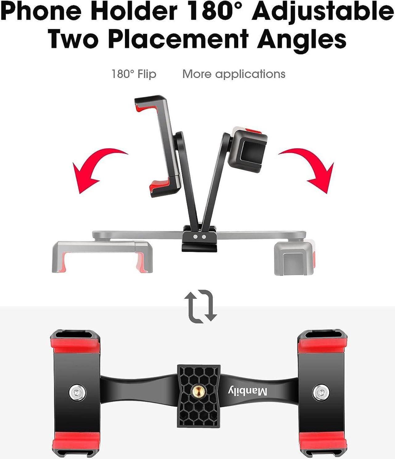 Alt view image 2 of 7 - Manbily Phone Tripod Mount Adapter, 360° Rotatable Dual Cell Phone Holder Clip, Adjustable Clamp with 4 Cold Shoe, for Tripod Monopod Selfie Stick Vlog Live Streaming Video Recording