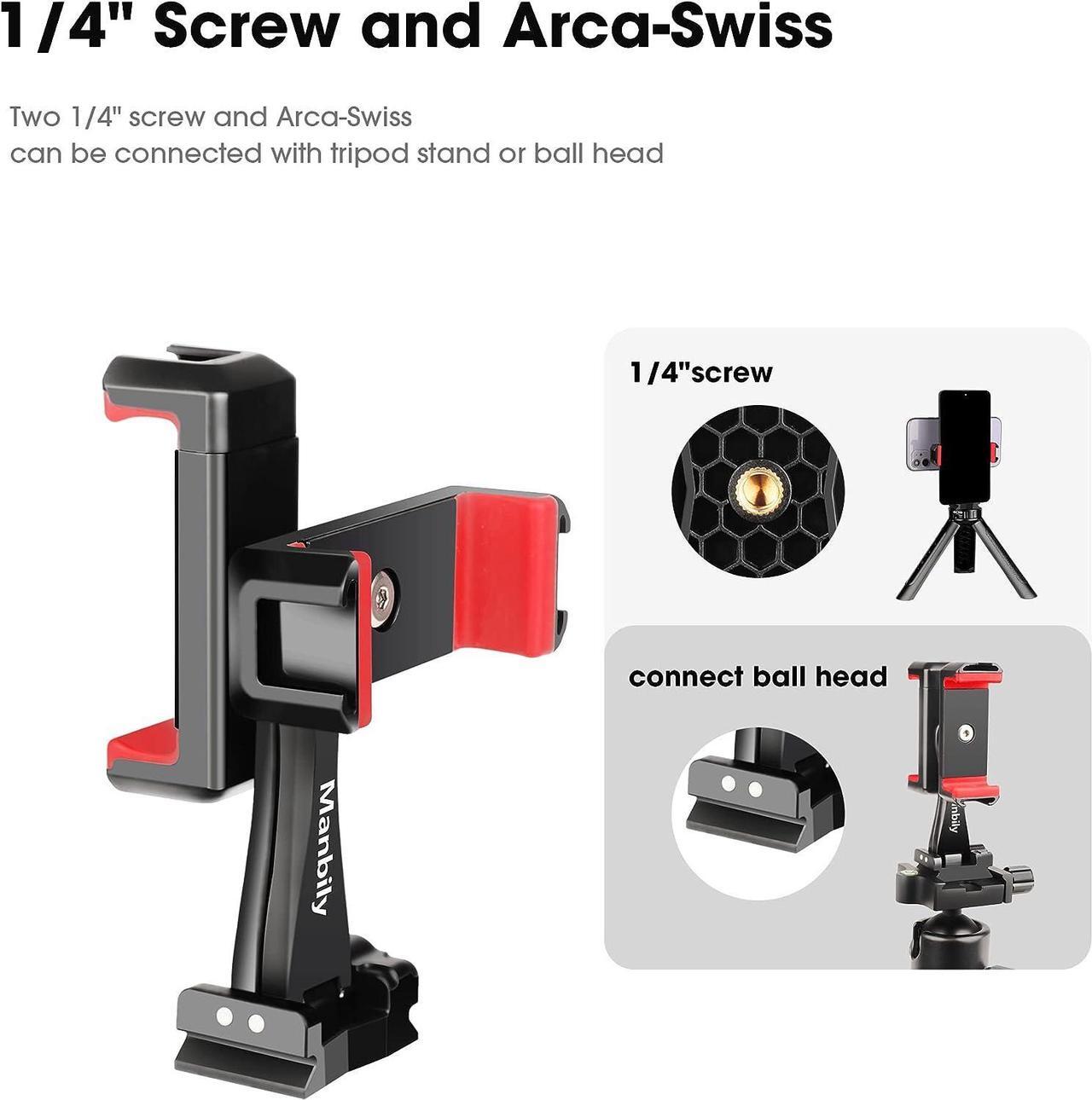 Alt view image 4 of 7 - Manbily Phone Tripod Mount Adapter, 360° Rotatable Dual Cell Phone Holder Clip, Adjustable Clamp with 4 Cold Shoe, for Tripod Monopod Selfie Stick Vlog Live Streaming Video Recording