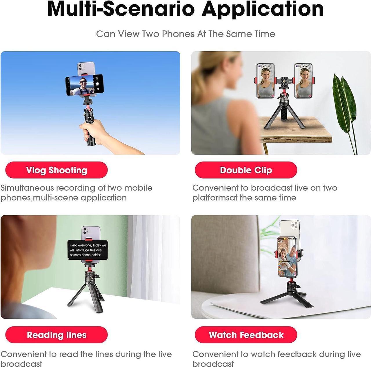 Alt view image 6 of 7 - Manbily Phone Tripod Mount Adapter, 360° Rotatable Dual Cell Phone Holder Clip, Adjustable Clamp with 4 Cold Shoe, for Tripod Monopod Selfie Stick Vlog Live Streaming Video Recording
