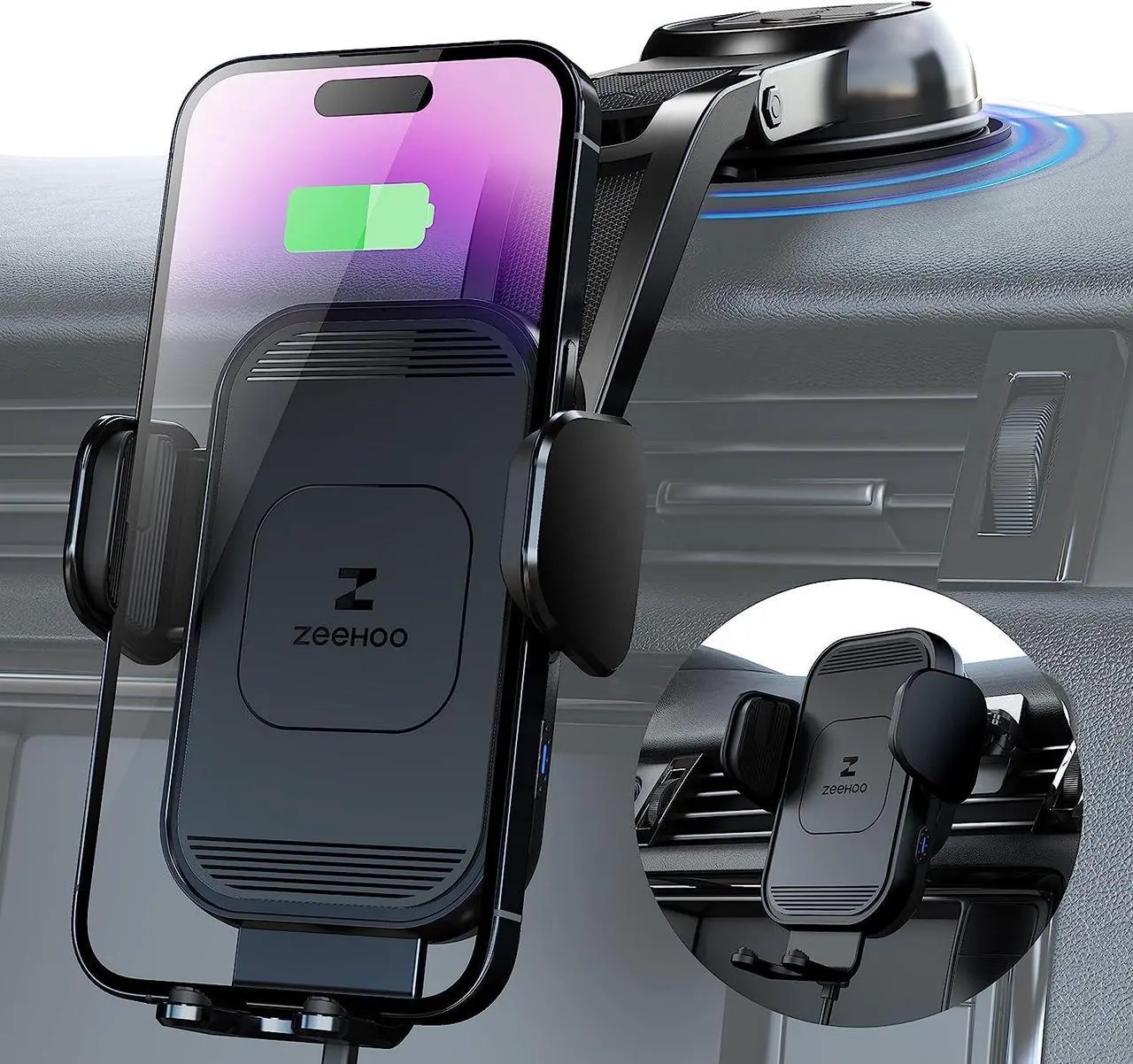 Main image of ZeeHoo Wireless Car Charger, 15w Fast Charging, Auto Clamping Car Phone Mount, Cell Phone Holder Charger, for iPhone 15 14 13 12 11 Pro Max Xs, Etc. (Black)