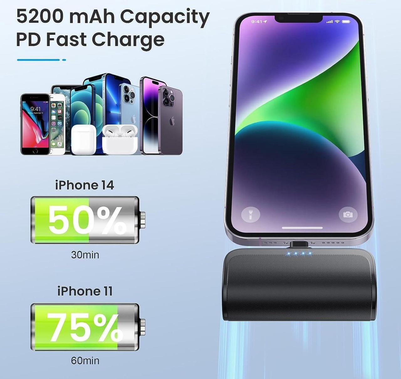 Alt view image 3 of 7 - Mini Portable Charger Power Bank for iPhone 5200mAh Portable Phone Charger Ultra-Compact PD Fast Charging Battery Pack Compatible with iPhone 14/14 Plus/Pro Max/13/12/12 Mini/11/XS/XR/X/8/7/6/6s
