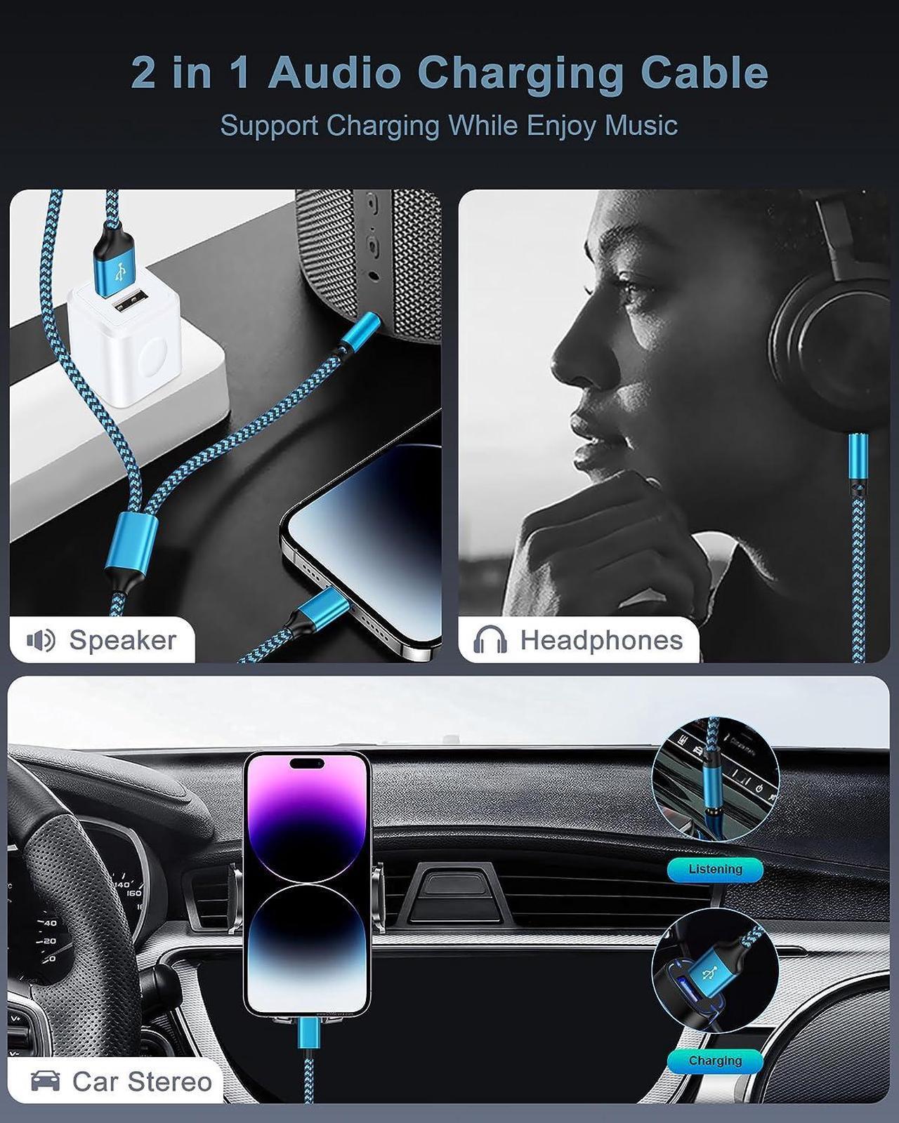 Alt view image 6 of 7 - iPhone Aux Cord for Car Lightning to 3.5mm Aux Cord 2 in 1 Audio and Charging Cable for Car Home Stereo Speaker Headphone Car Charger Compatible with iPhone 14 13 12 11 Pro Max XR XS 8 iPad iPod-4FT
