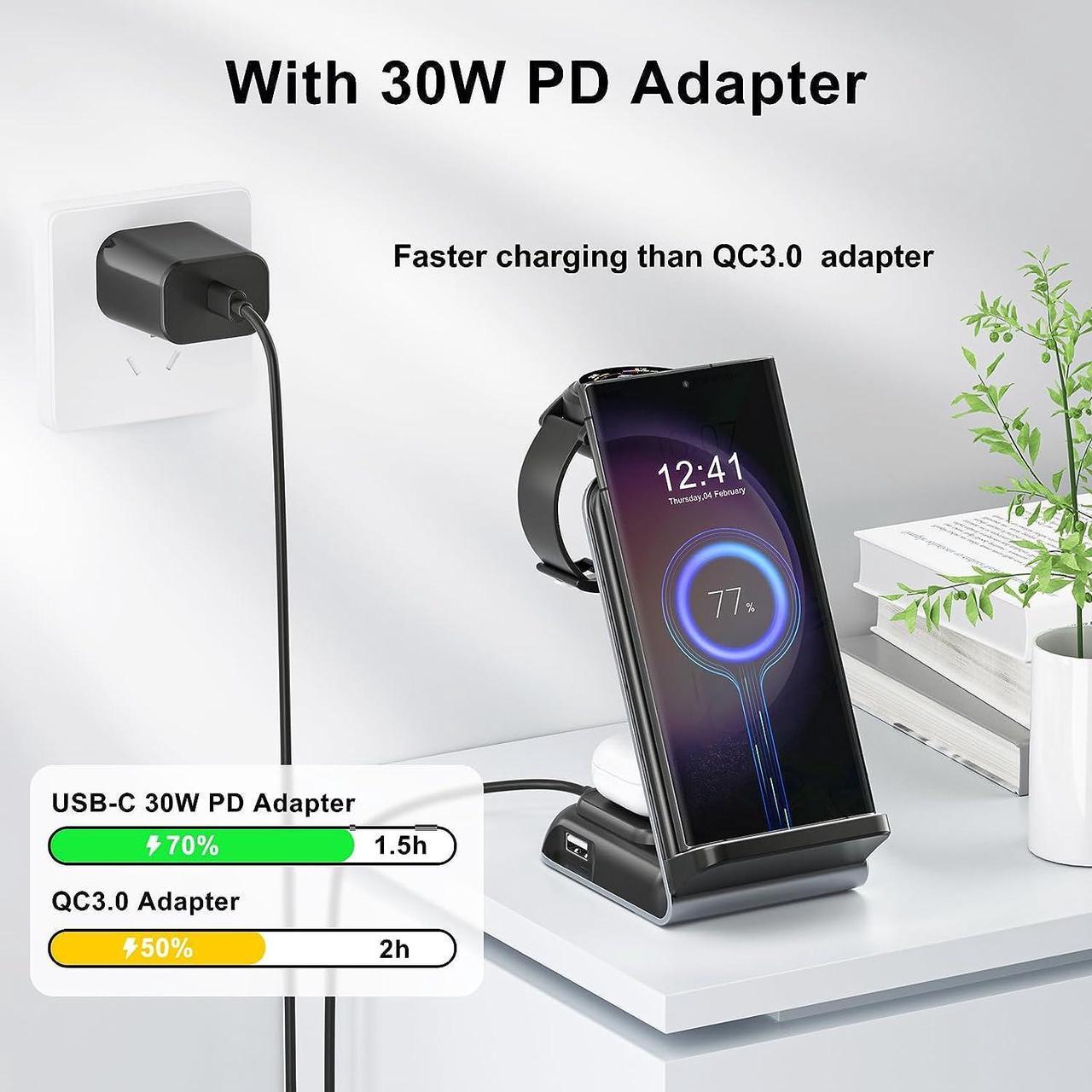 Alt view image 3 of 6 - Wireless Charging Station for Samsung - Fast Charging Wireless Charger for Galaxy S23 Ultra/S23/S23+/Z Flip/Fold 5/4/3/iphone/Android Phones, Galaxy Watch 6/5 Pro/5/4/3 & Buds.(with 30W PD Adapter)