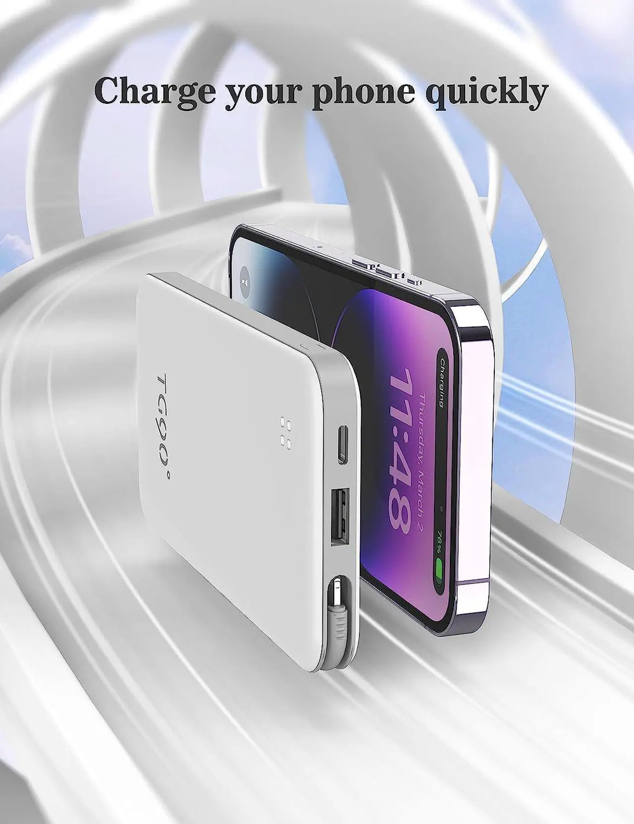 Alt view image 3 of 6 - TG90° Power Bank Portable Charger with Built-in Cable, Ultra Compact 10000mah Portable Phone Charger Battery Pack Compatible with iPhone 14/14 Pro/13/13 Pro/12/12 Pro/11/11 Pro/X/XS/SE and More