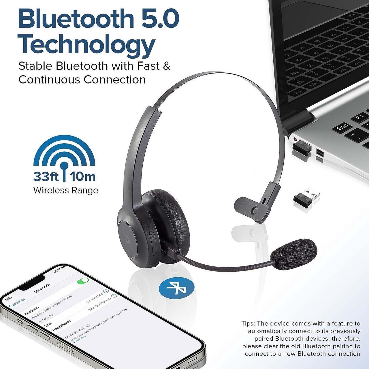 Alt view image 5 of 7 - Trucker Bluetooth Headset w/Noise Cancelling Microphone for PC Cell Phones - Easy Mute | Light 6.5 oz | Telephone Office Wireless Headphones for Zoom Teams