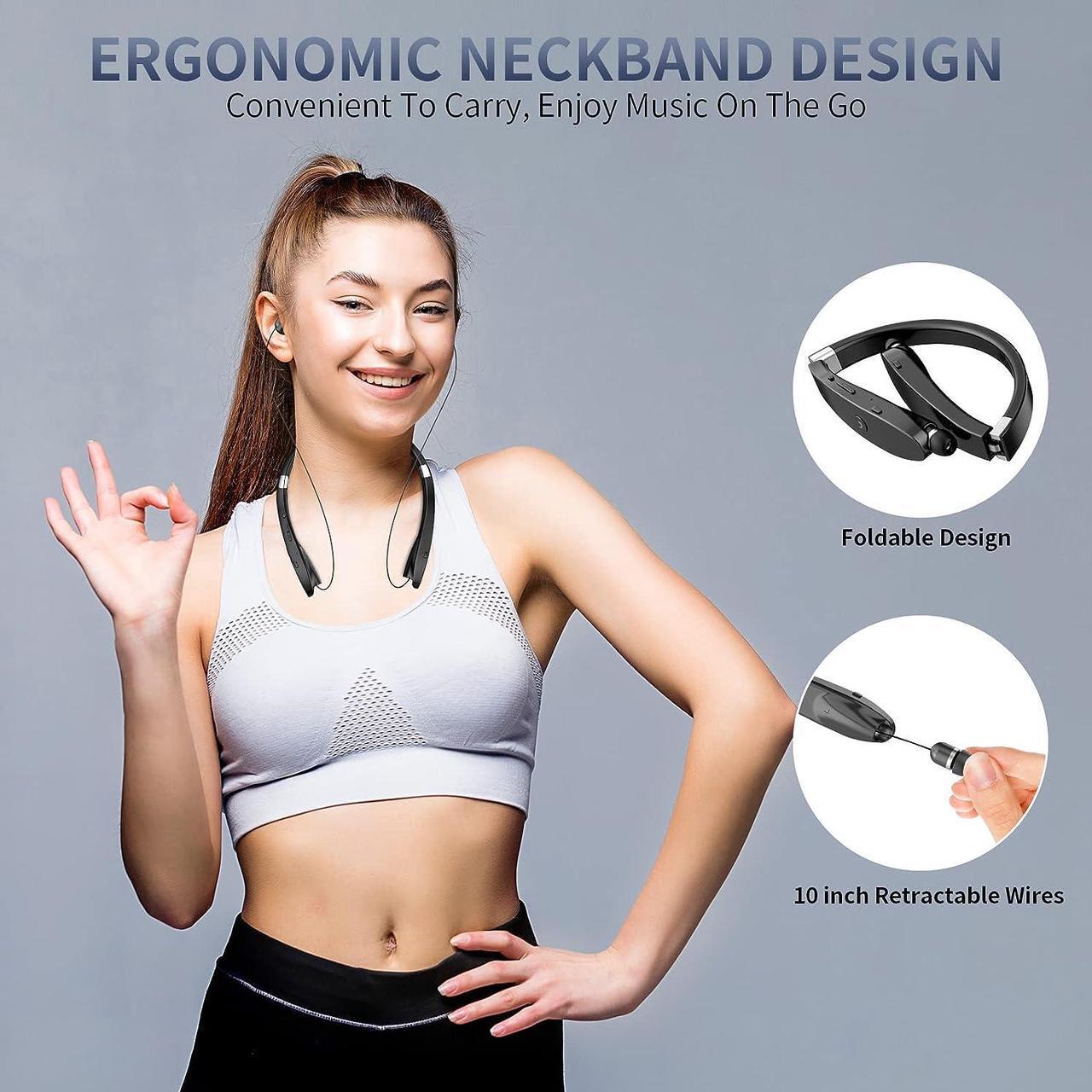 Alt view image 2 of 6 - Bluetooth Headset 2023 Upgraded Foldable Bluetooth Headphones with Retractable Earbuds Noise Cancelling Stereo Earphones with Mic Wireless Neckband Headphones for Sports Workout Gym with Carry Case