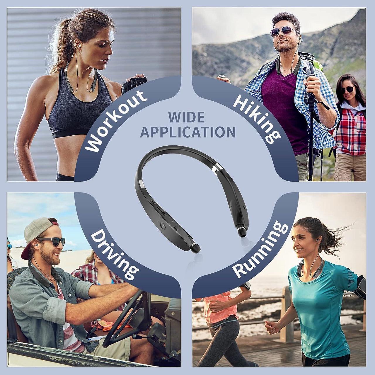 Alt view image 6 of 6 - Bluetooth Headset 2023 Upgraded Foldable Bluetooth Headphones with Retractable Earbuds Noise Cancelling Stereo Earphones with Mic Wireless Neckband Headphones for Sports Workout Gym with Carry Case