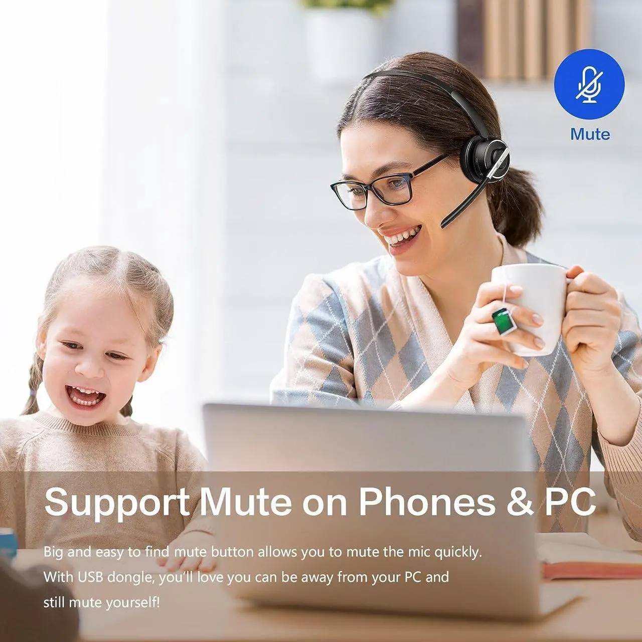 Alt view image 4 of 6 - Bluetooth Headset, Wireless Headset with Microphone for PC, V5.2 Computer Headset with Noise Cancelling Mic, USB Dongle, Charging Base & Mute Button for Work, Cell Phones, Computer (Black)