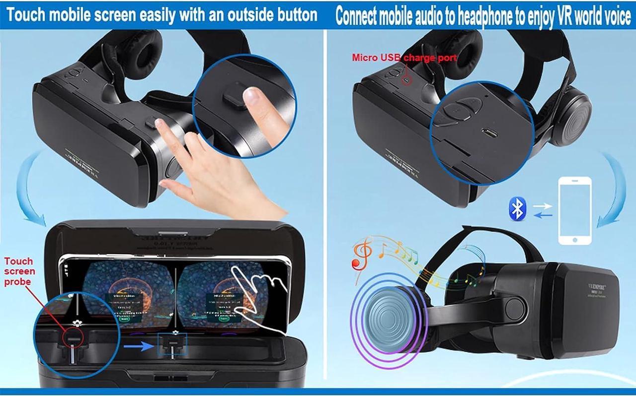 Alt view image 3 of 7 - Cell Phone Virtual Reality (vr) headsets VR Headset Phone VR Headset VR Headset for iPhone VR Headsets for Phone with Wireless Earphones Anti-Blue Lights iPhone VR Headset (B+R)