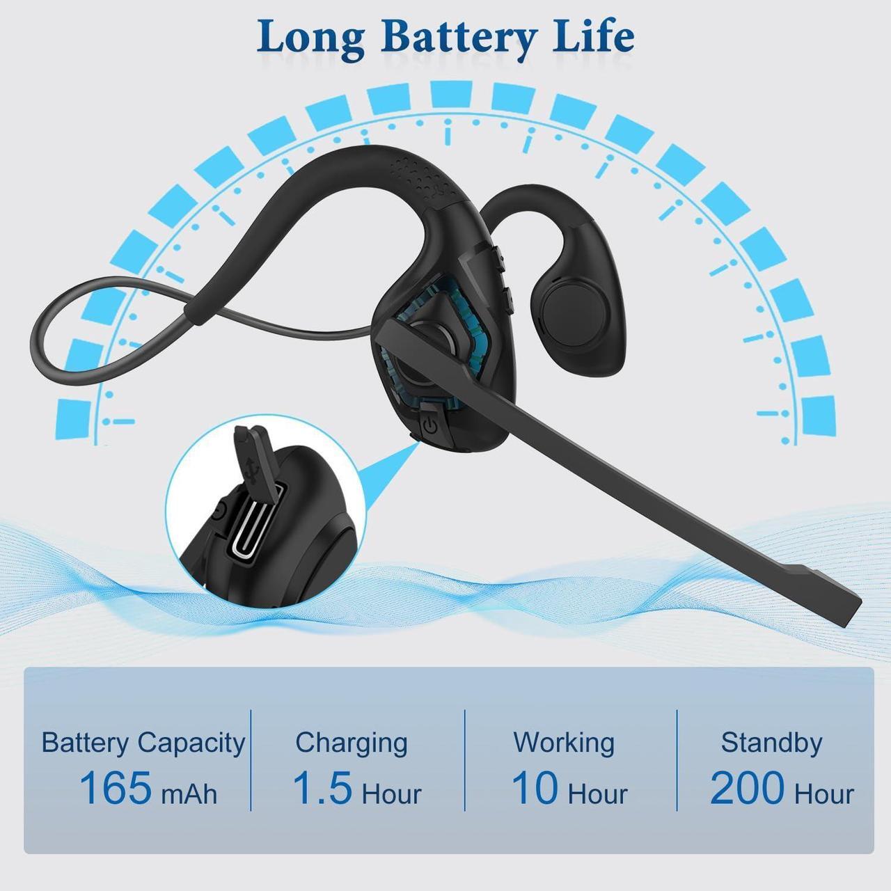 Alt view image 5 of 7 - Bluetooth Headset with Boom Microphone Open Ear Headphones w/Noise Canceling Mic Wireless Headset for Phone Laptop PC Computer Light and Comfortable for Office Meeting Home Working-10 Hrs