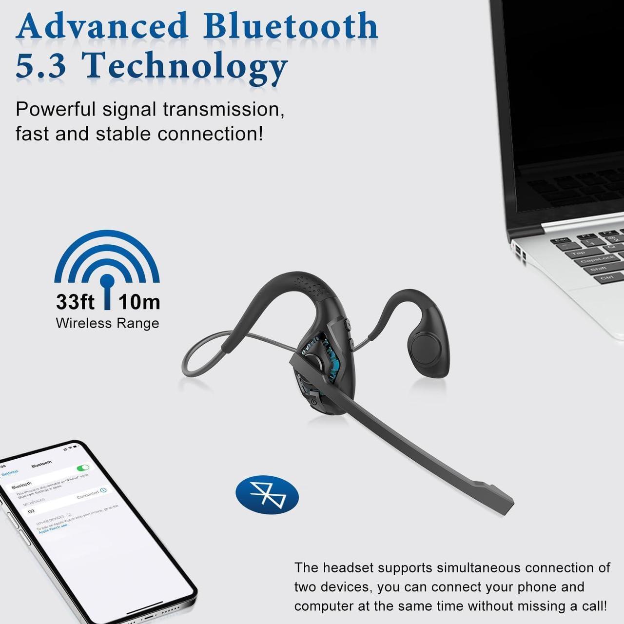 Alt view image 6 of 7 - Bluetooth Headset with Boom Microphone Open Ear Headphones w/Noise Canceling Mic Wireless Headset for Phone Laptop PC Computer Light and Comfortable for Office Meeting Home Working-10 Hrs
