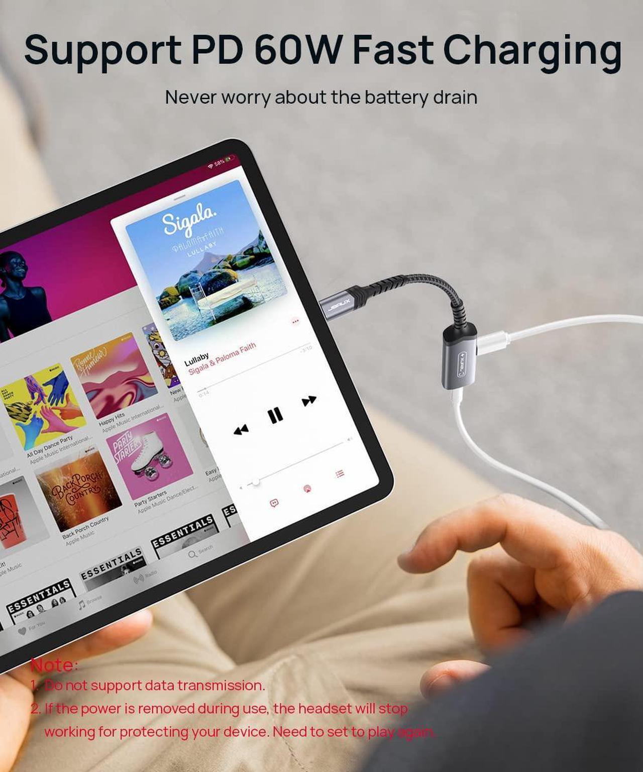 Alt view image 3 of 7 - USB C to 3.5mm Headphone and Charger Adapter 2-in-1 AUX Mic Jack with PD 60W Fast Charging for Stereo Earphones Compatible for iPhone 15 Pro Max/15 Pro Samsung S23/S22/S21 iPad Pro Pixel-Grey