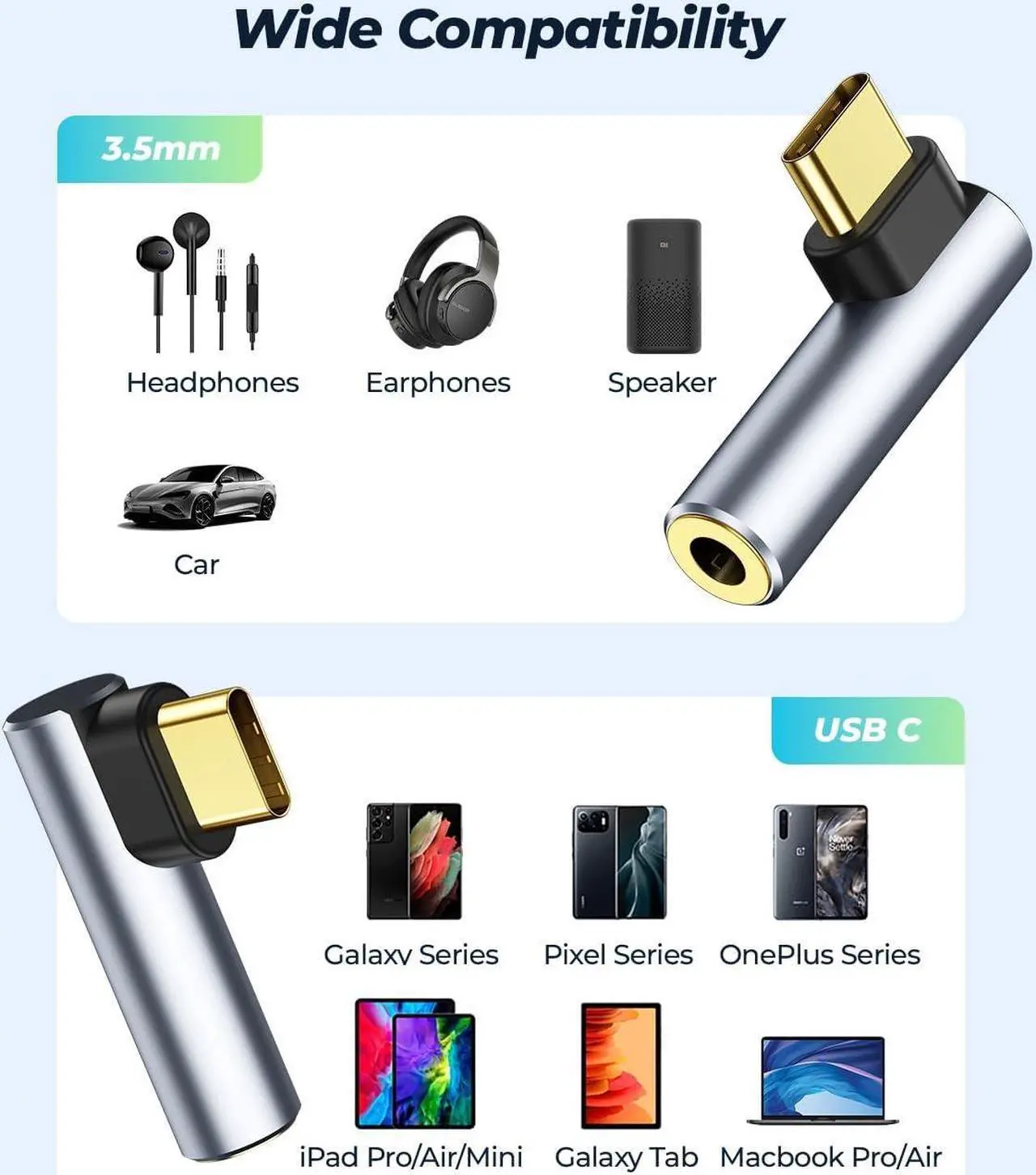 Alt view image 6 of 7 - 2 Pack USB C To 3.5mm Audio Adapter USB Type C To 3.5mm Female Headphone Jack Dongle Aux Adapter DAC Stereo HiFi Right Angle For iPad Pro Air 5 4 Pixel 7 Pro Galaxy S23 S23+ S23 Ultra S22 S21 S20