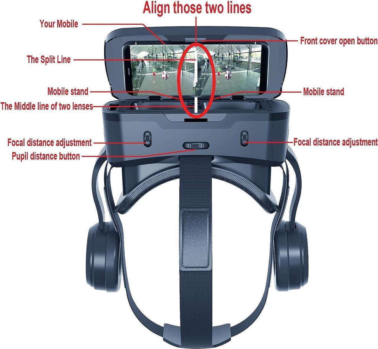 Alt view image 5 of 7 - Cell Phone Virtual Reality (vr) headsets VR Headset Phone VR Headset VR Headset for iPhone VR Headsets for Phone with Wireless Earphones Anti-Blue Lights iPhone VR Headset (B+R)