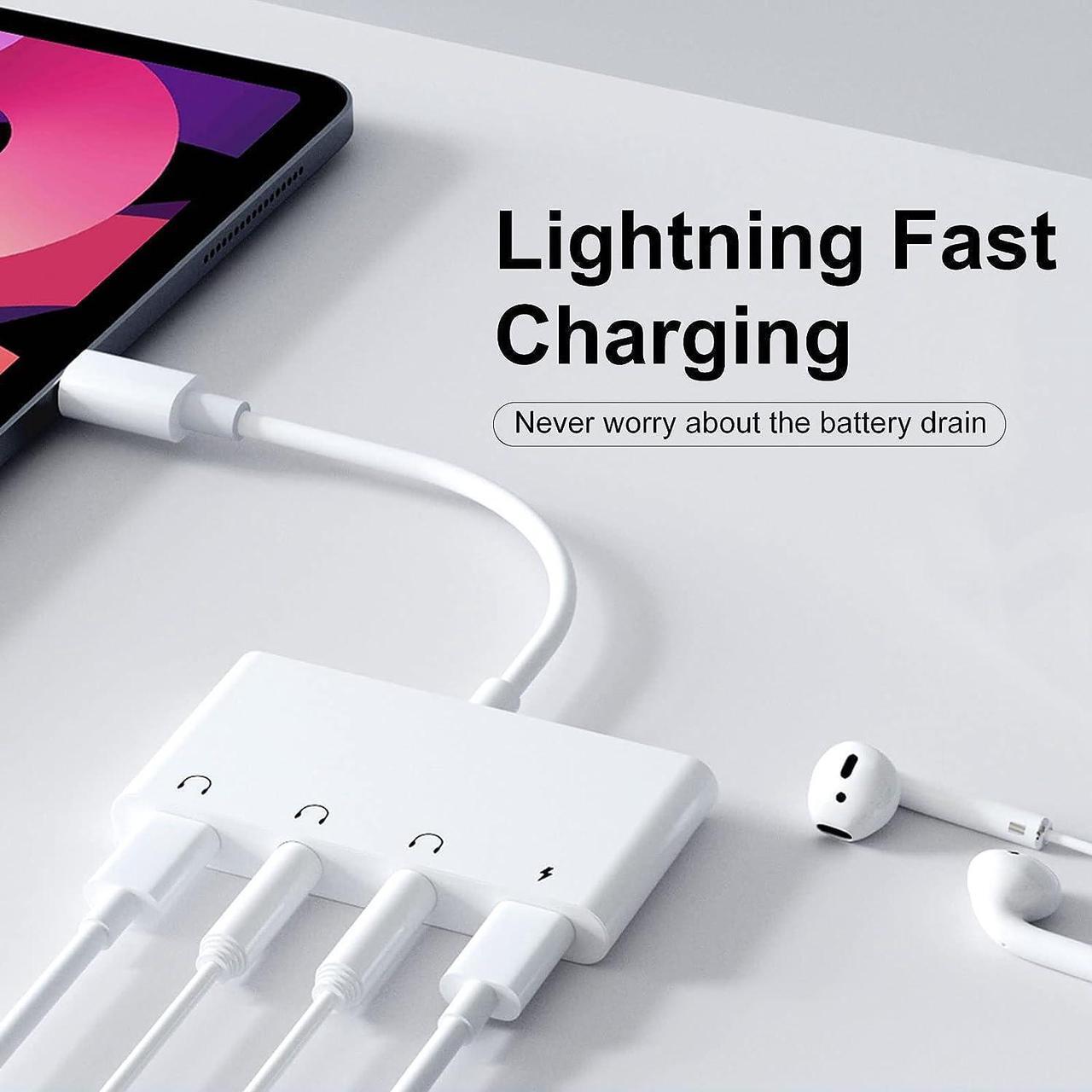 Alt view image 3 of 7 - iPhone Headphone Splitter 4 in 1 iPad Headphone Adapter with Dual 3.5mm Aux Audio Splitter +Lighting Headphone Jack + iPhone Charging Port Dongle for iPhone14 13 12 11 X 8 7/ iPad