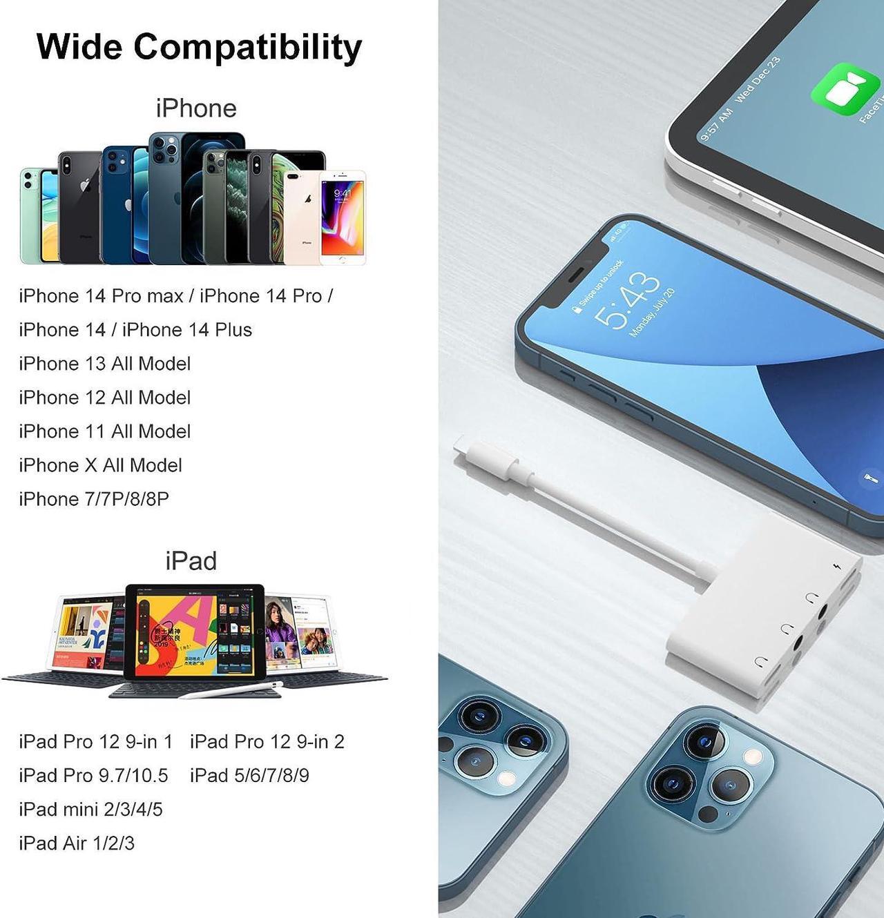 Alt view image 7 of 7 - iPhone Headphone Splitter 4 in 1 iPad Headphone Adapter with Dual 3.5mm Aux Audio Splitter +Lighting Headphone Jack + iPhone Charging Port Dongle for iPhone14 13 12 11 X 8 7/ iPad