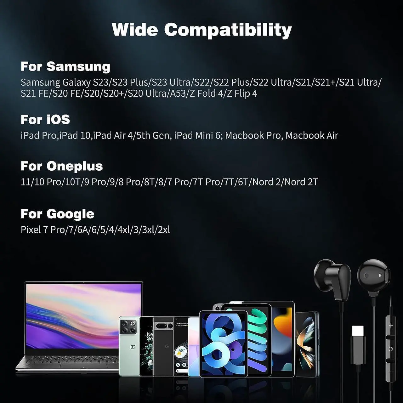 Alt view image 6 of 7 - USB Type C Headphones for Samsung S23 S22 Ultra S21 Plus A53 A54 Galaxy Z Fold 5 Flip 4 Setero Android Earphones Headset with Microphone Wired USB C Earbuds for iPad Pro Air Pixel 7 7a 6a Black