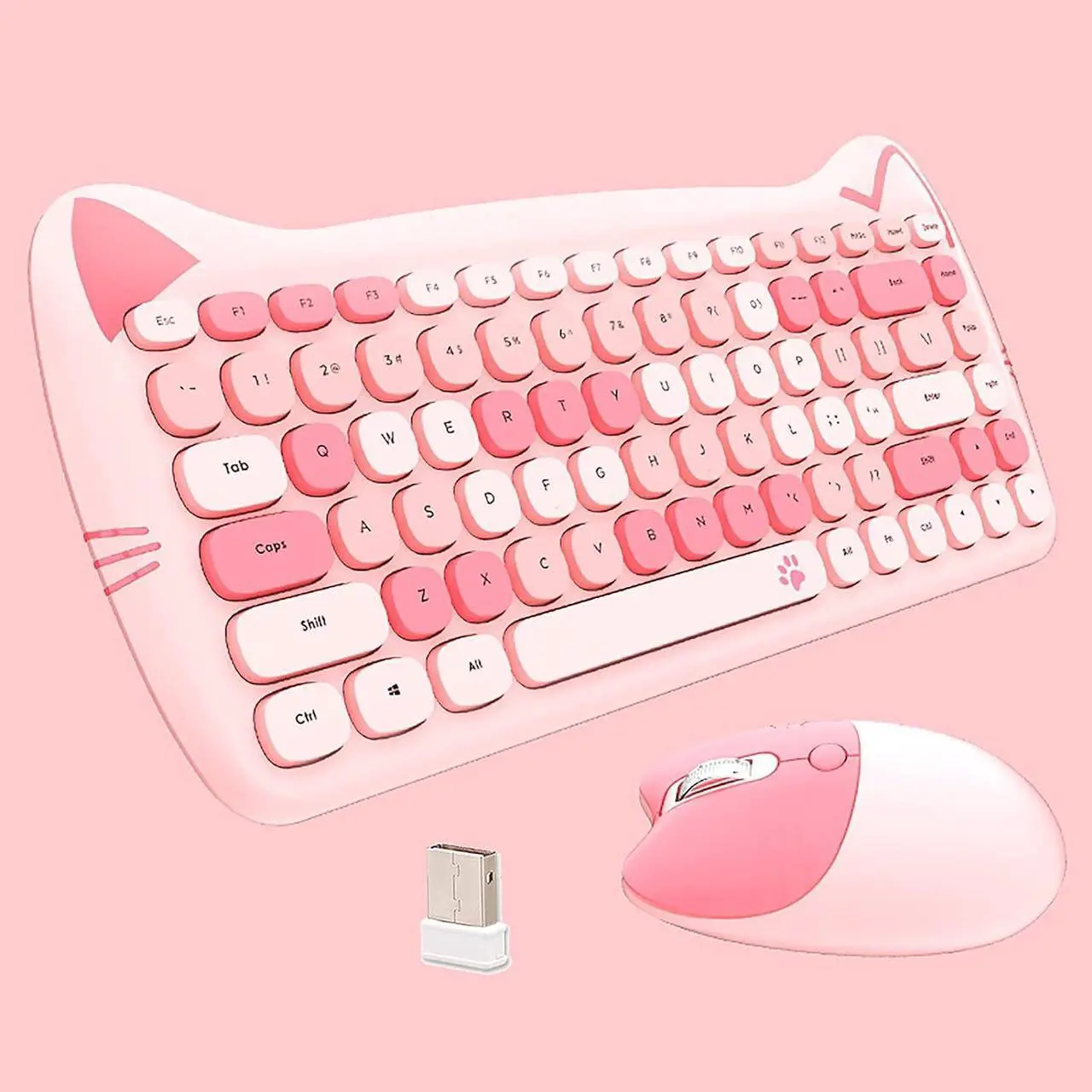 Main image of Cute Cat Keyboard and Mouse Combo Wireless, Kawaii Keyboard and Mouse for Girls and Kids, Soundless Colorful Keys, Compatible with Notebook, PC (Pink-84Keys)