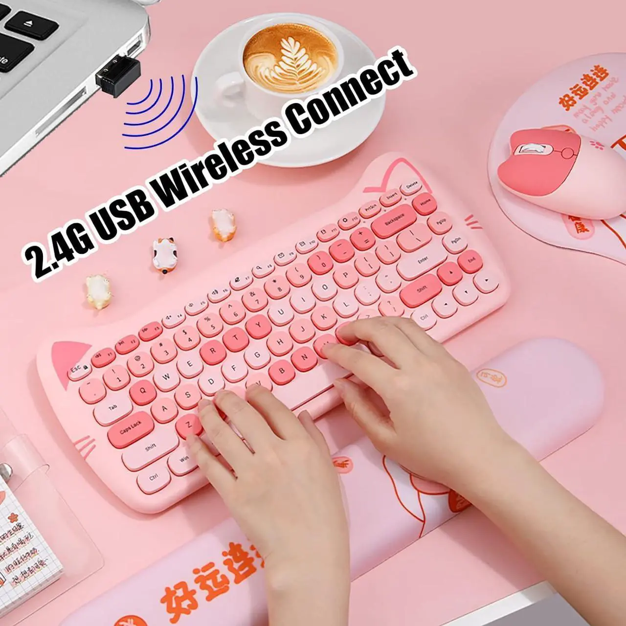 Alt view image 4 of 7 - Cute Cat Keyboard and Mouse Combo Wireless, Kawaii Keyboard and Mouse for Girls and Kids, Soundless Colorful Keys, Compatible with Notebook, PC (Pink-84Keys)