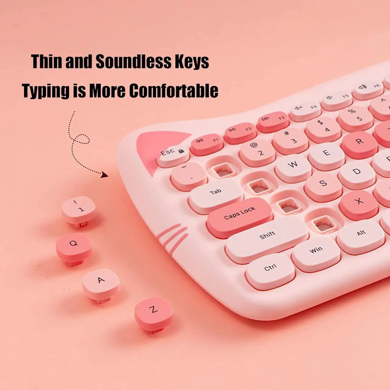 Alt view image 5 of 7 - Cute Cat Keyboard and Mouse Combo Wireless, Kawaii Keyboard and Mouse for Girls and Kids, Soundless Colorful Keys, Compatible with Notebook, PC (Pink-84Keys)