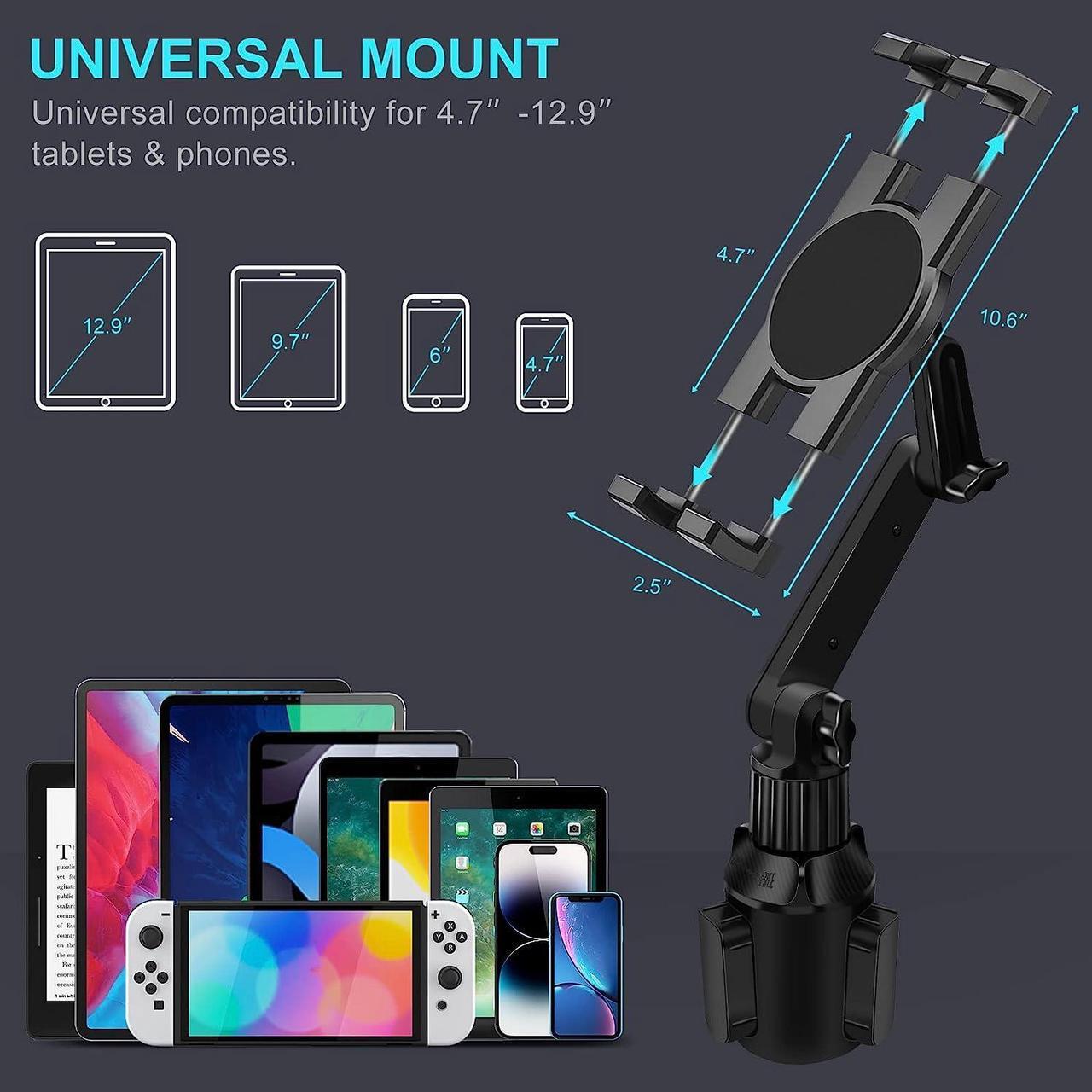 Alt view image 3 of 7 - Cup Holder Car Tablet Mount for Truck 360° Adjustable 15 Long 2-Arm Stand Holder for iPad Pro 12.9/11/10.5/9.7/Air/Mini 6/5/4  Galaxy Tab/Z Fold 6/5/4 iPhone 16/15/Pro 4.7-12.9 Tab &Phone
