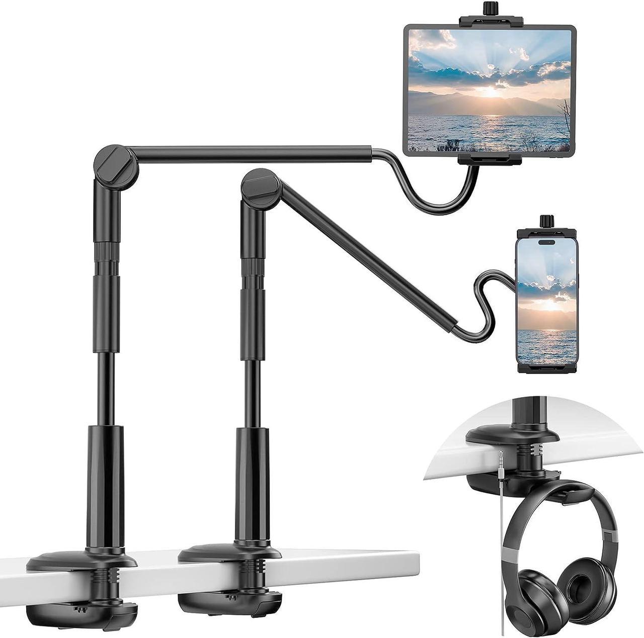 Gooseneck Tablet Holder for Bed 360 Adjustable iPad Stand for Desk Flexible Arm Clip Phone Mount for Video Recording Bedside & Headboard Clamp for iPad Pro 12.9 Mini Nexus Switch (4.7-12.9)