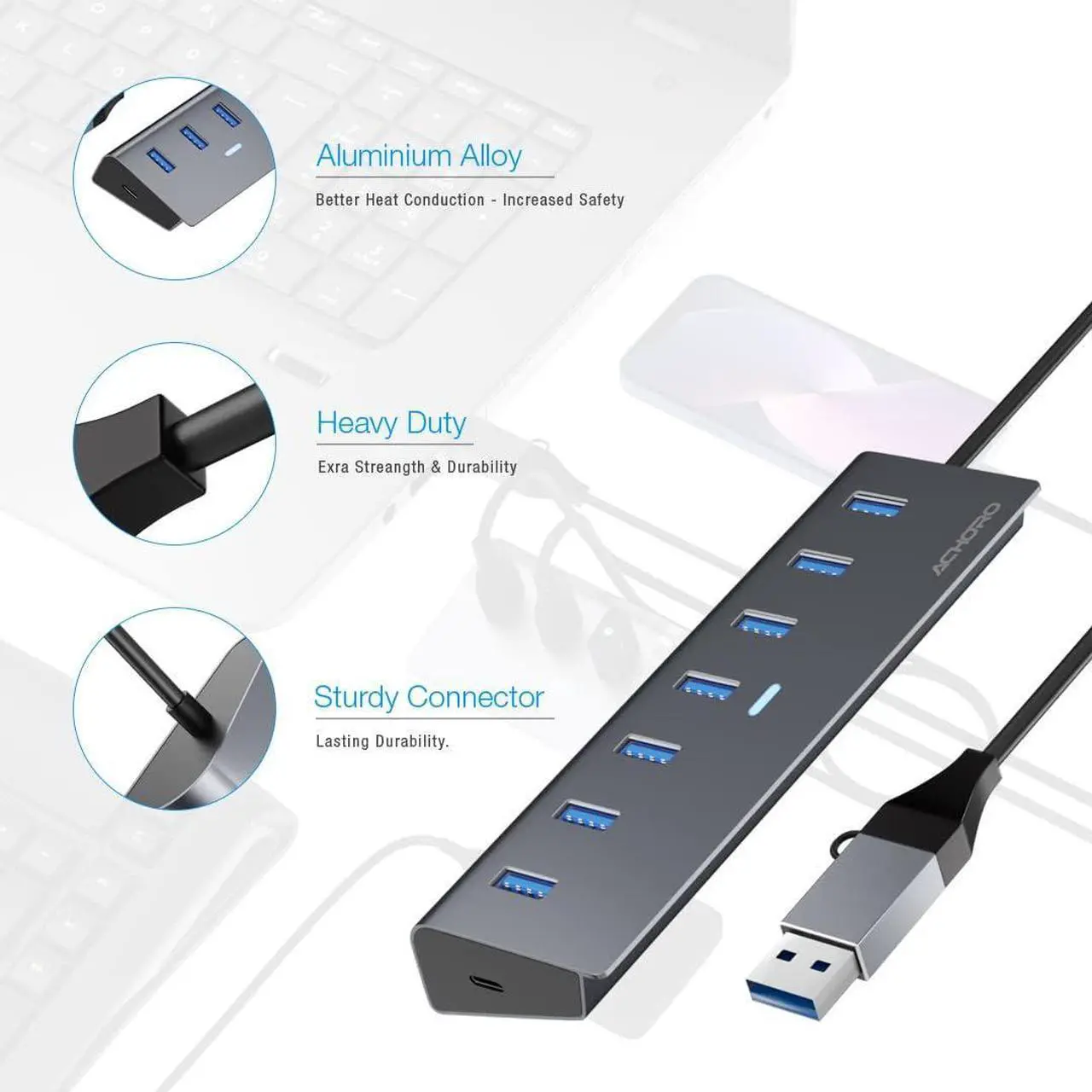 Alt view image 2 of 4 - 7 USB Hub 3.0  Built in USB A & USB C to USB Adapter with Multiple USB Port for PC, Mac, MacBook Pro, iMac & Desktop - Aluminium Alloy High-Speed Extra USB Port & Computer USB Hub (7 PORTS)