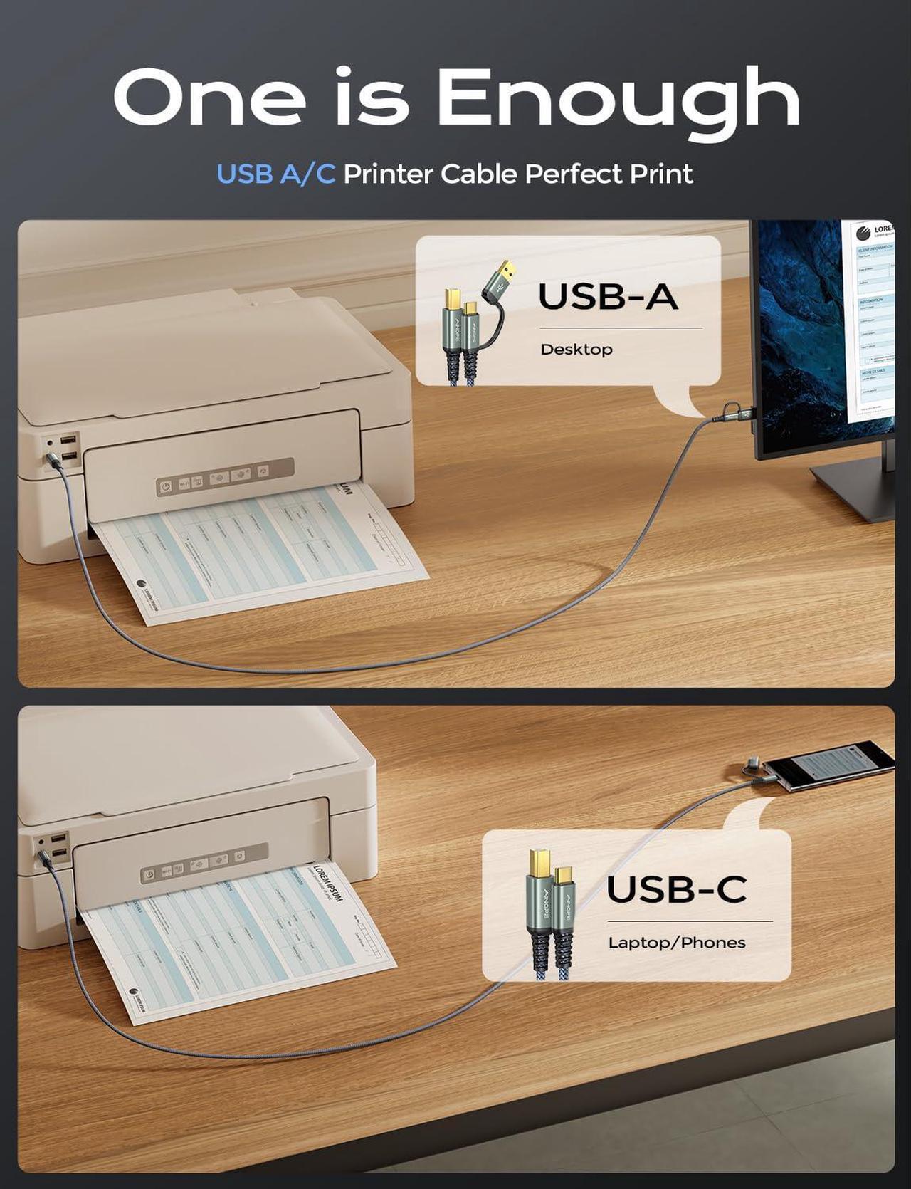 Alt view image 3 of 7 - Printer Cable USB C Printer Cable [Plug and Play] USB A/C to USB-B 2.0 New-Nylon Braided Never Rupture Printer Cable to USB for HP Canon Epson Dell Brother Yamaha Piano MIDI Controller
