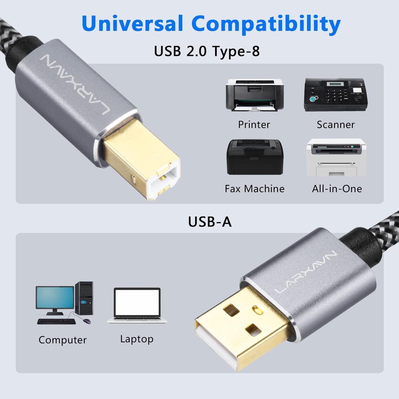 Alt view image 2 of 7 - Printer Cable 30 Feet USB Printer Cable USB 2.0 Type A Male to B Male Printer Cord USB B Cable Printer USB Cable Compatible with HP Canon Epson Dell Brother Lexmark Xerox Samsung etc
