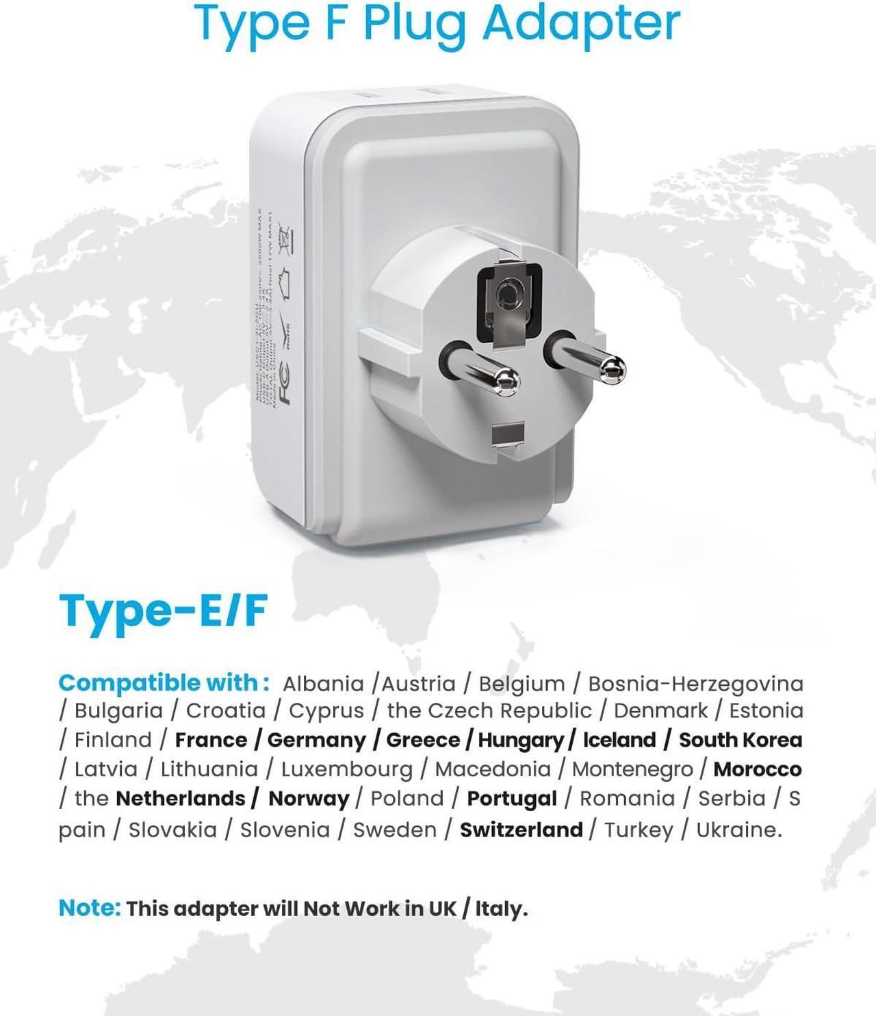 Alt view image 2 of 6 - Type E F Plug Adapter Schuko Germany France Power Adapter with 2 American Outlets 3 USB Ports(2 USB C) 5 in 1 Type E Travel Adapter for US to EU Spain Iceland Korea Greece Russia German French