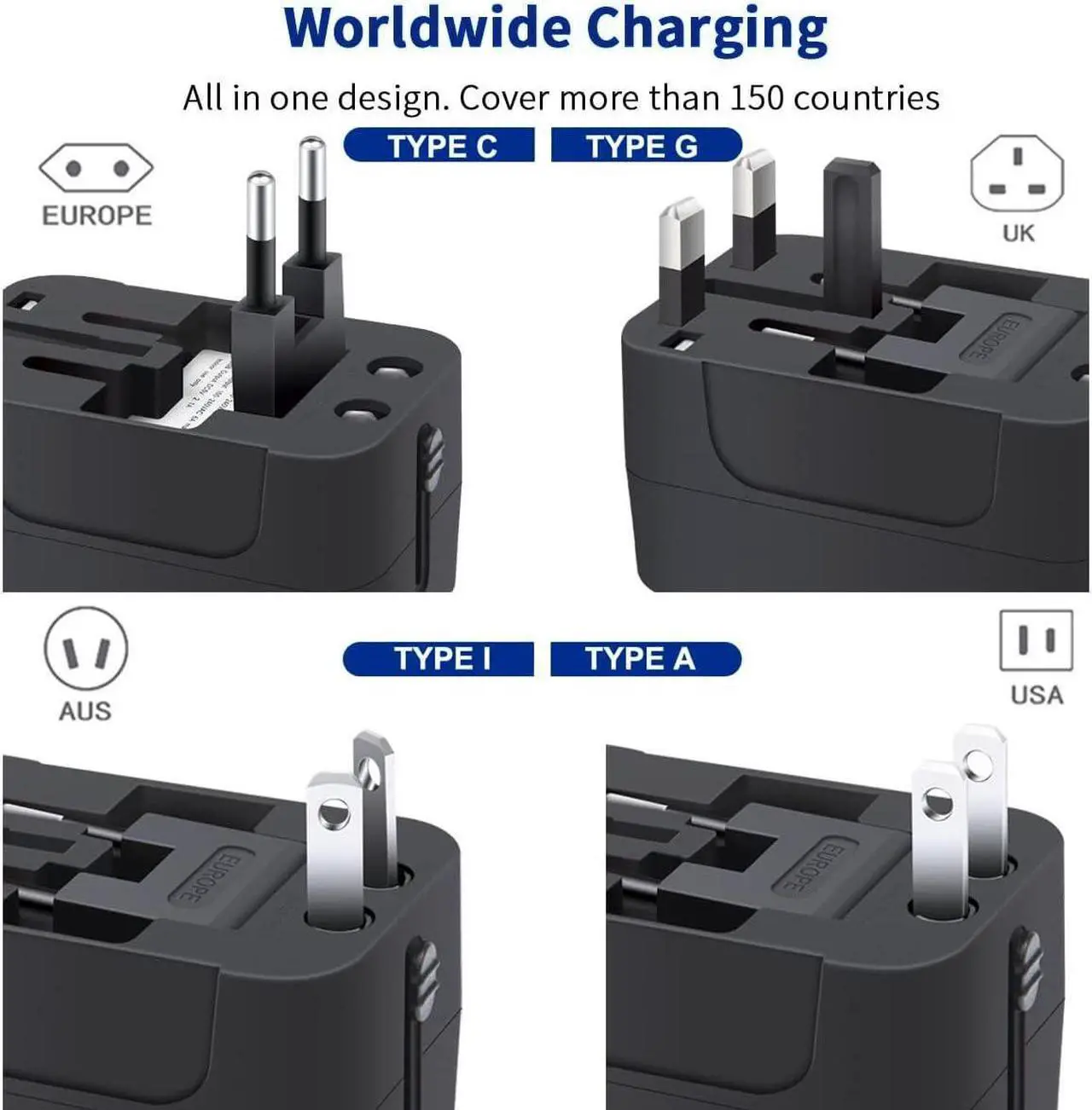 Alt view image 2 of 7 - Universal Travel Adapter, International Plug Adapter with 2 USB Ports (1 USB C), Worldwide Wall Charger AC Power Plug Converter Adaptor for US to EU UK AUS Asia
